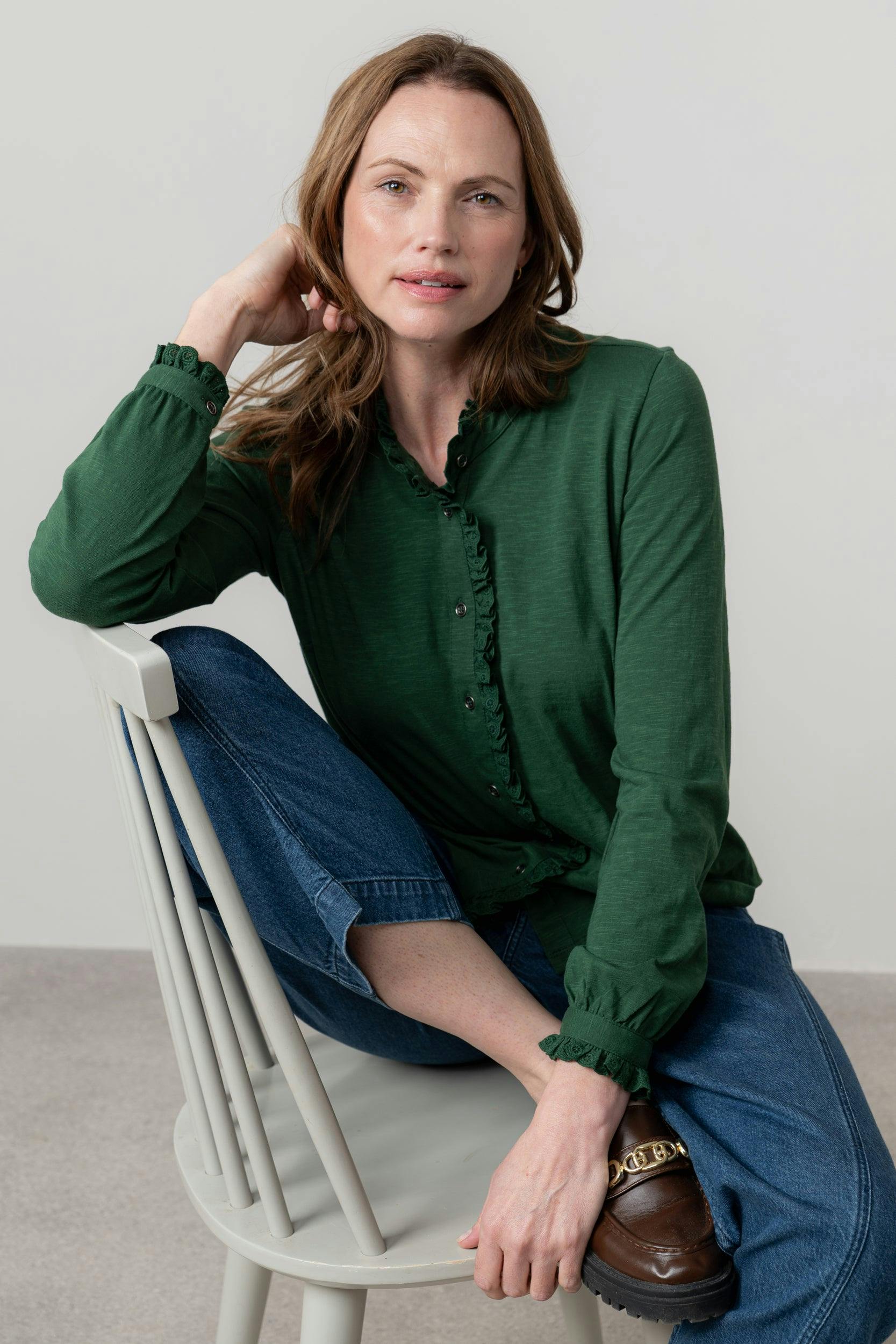 Lily & Me Green Sage Frill Organic Cotton Blouse Pine - 10 - Pine