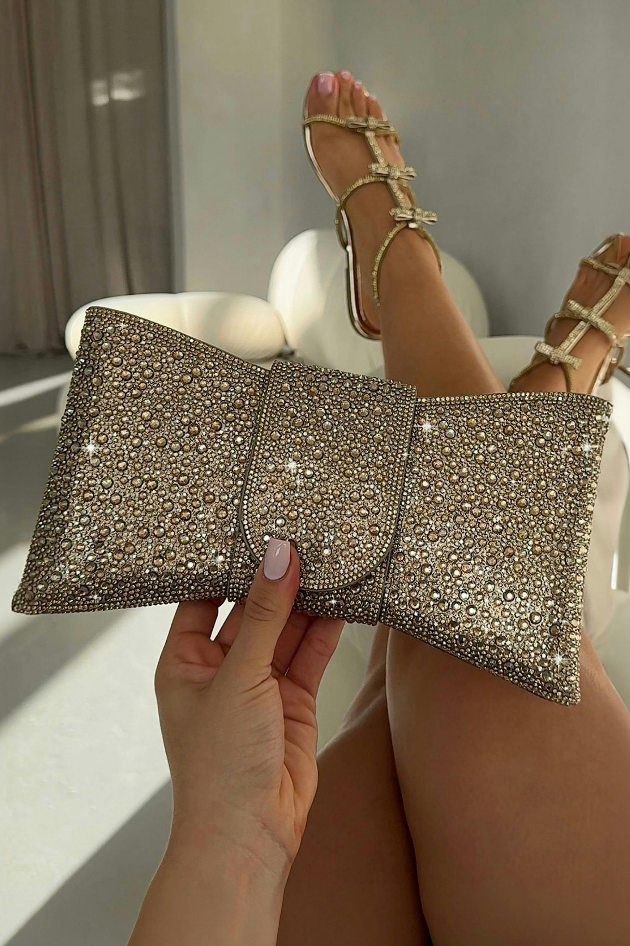 Love Lemonade Gold Crystal Luxe Bow Clutch Bag