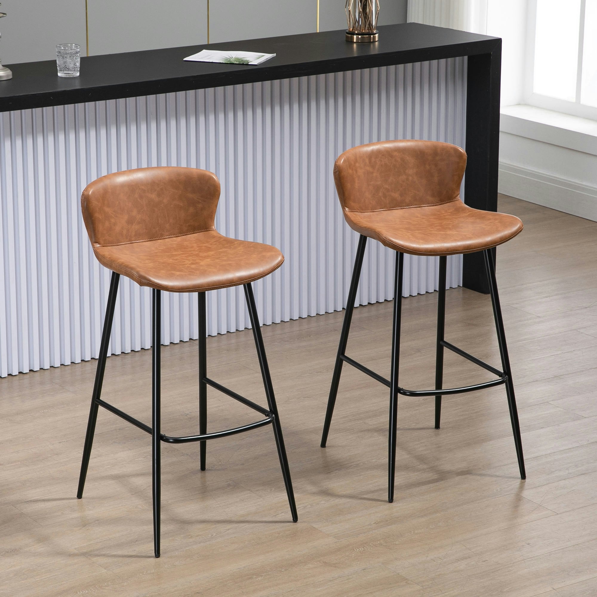 Rackhams Bar Stools Set Of 2, Pu Leather Bar Chairs With Back And Steel Legs