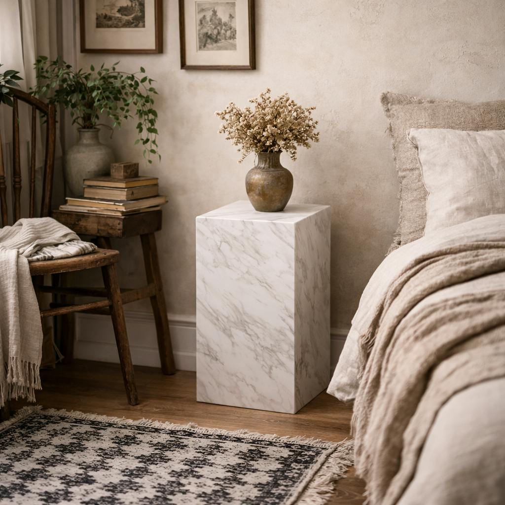 Rackhams White Dingle Marble Effect Small Pedestal Side Table