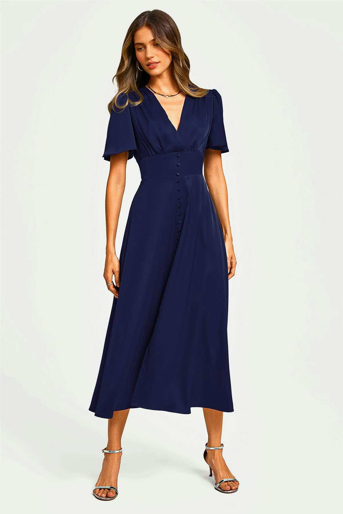 Fs Collection Light Satin V Neckline Button Detail Dress In Navy - Xl - Navy