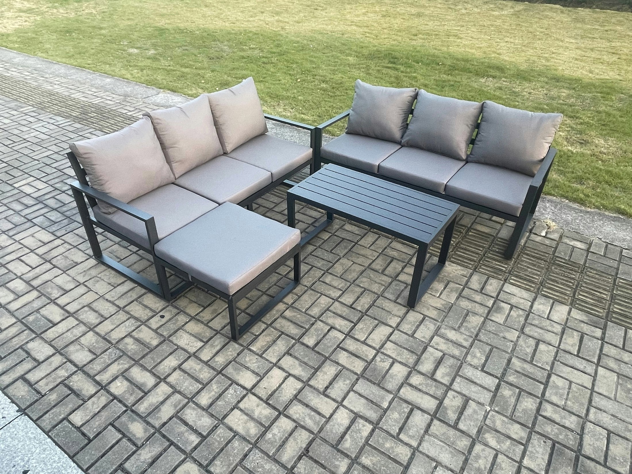Fimous Dark/Grey Aluminium 4 Pieces Outdoor Garden Furniture Lounge Sofa Set With Oblong Coffee Table Big Footstool