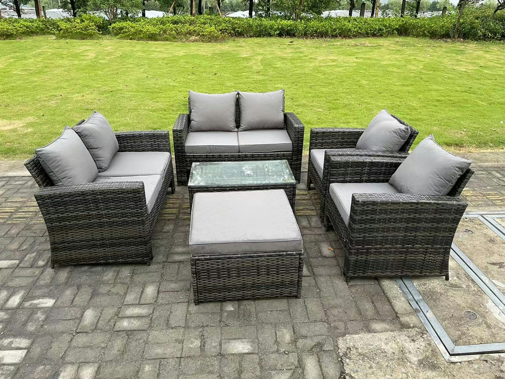 Rackhams Dark/Grey 7 Seater Mixed High Back Rattan Sofa Set Rectangular Coffee Table Garden Furniture Outdoor Patio