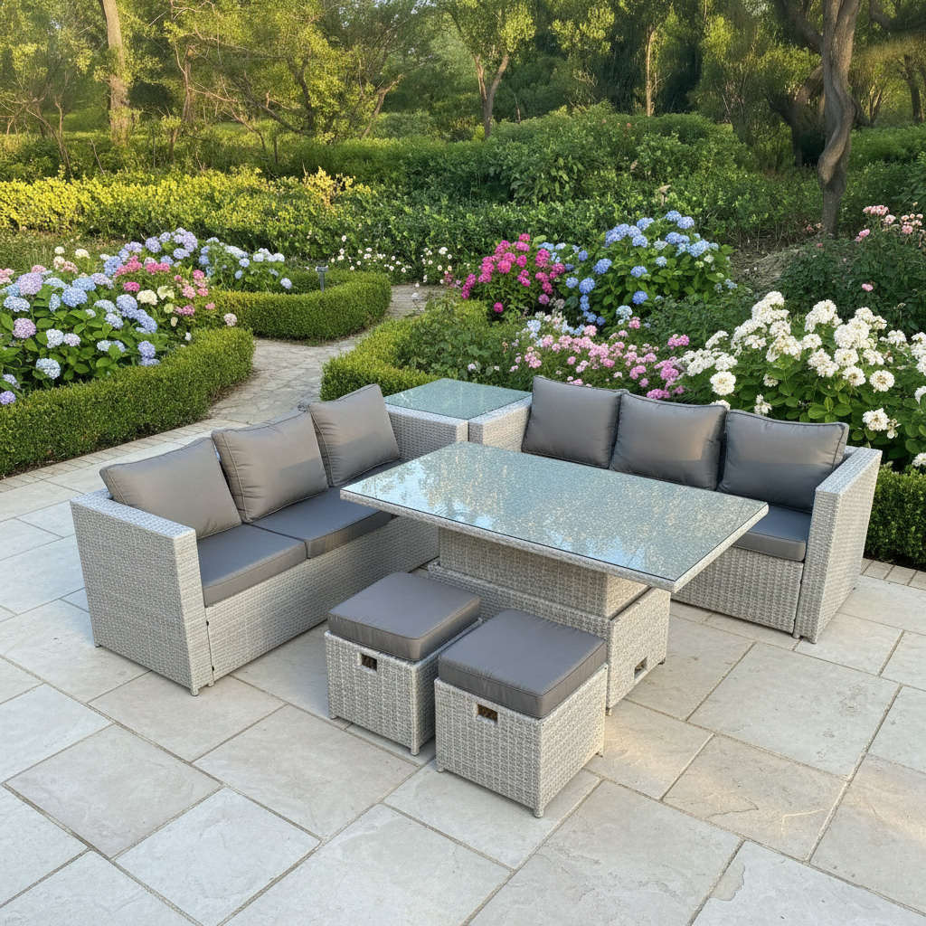 Fimous Light/Grey 8 Seater Rattan Garden Furniture Set With Adjustable Rising Table, 2 Sofas, Side Table & 2 Footstools