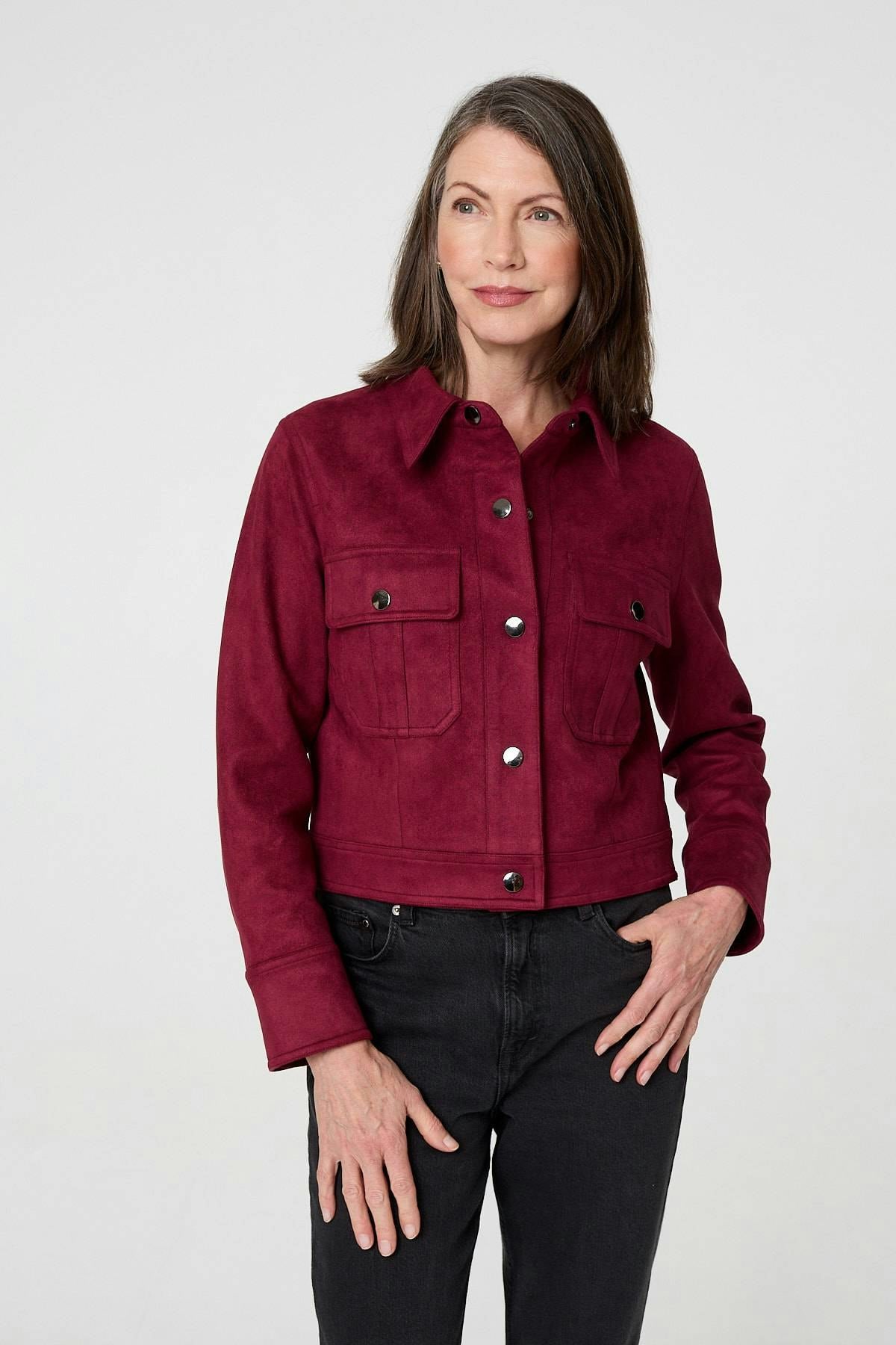 Izabel London Burgundy Faux Suede Cropped Collared Jacket - 12