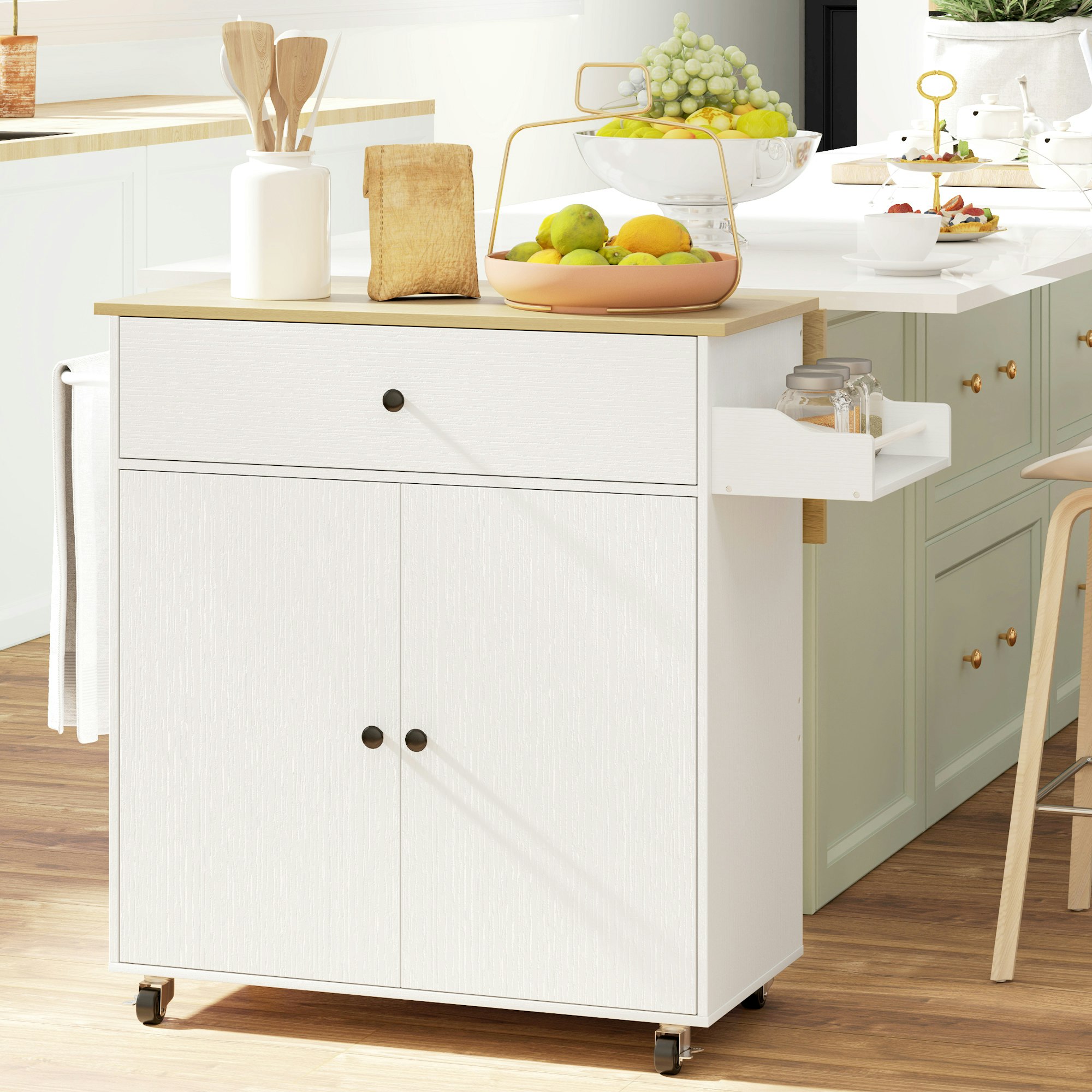 Homcom White Kitchen Island With Drop Leaf, Rolling Kitchen Storage Trolley,