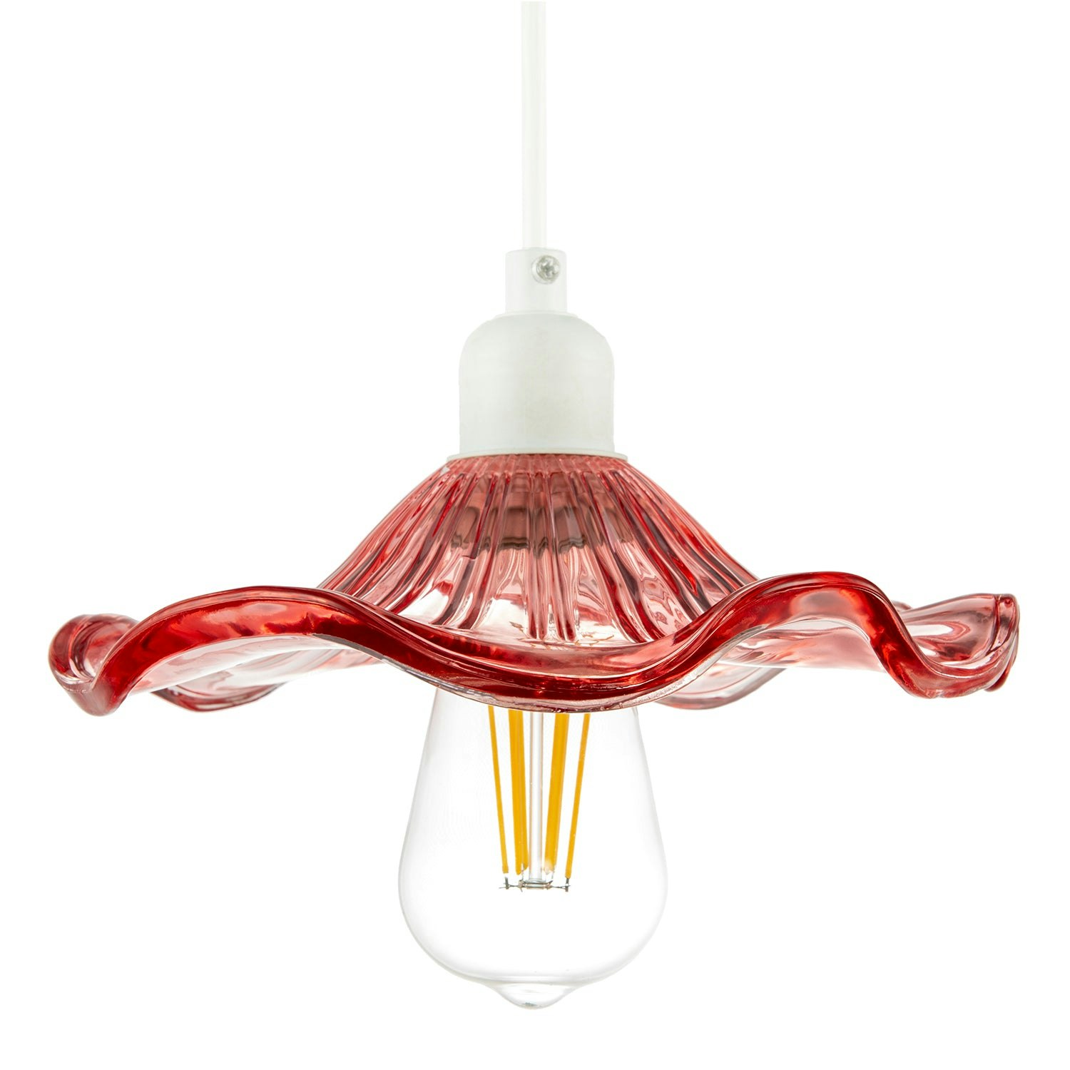 Happy Homewares Pink Designer Ribbed Rose Glass Pendant Shade With Wavy Ruffled Edge