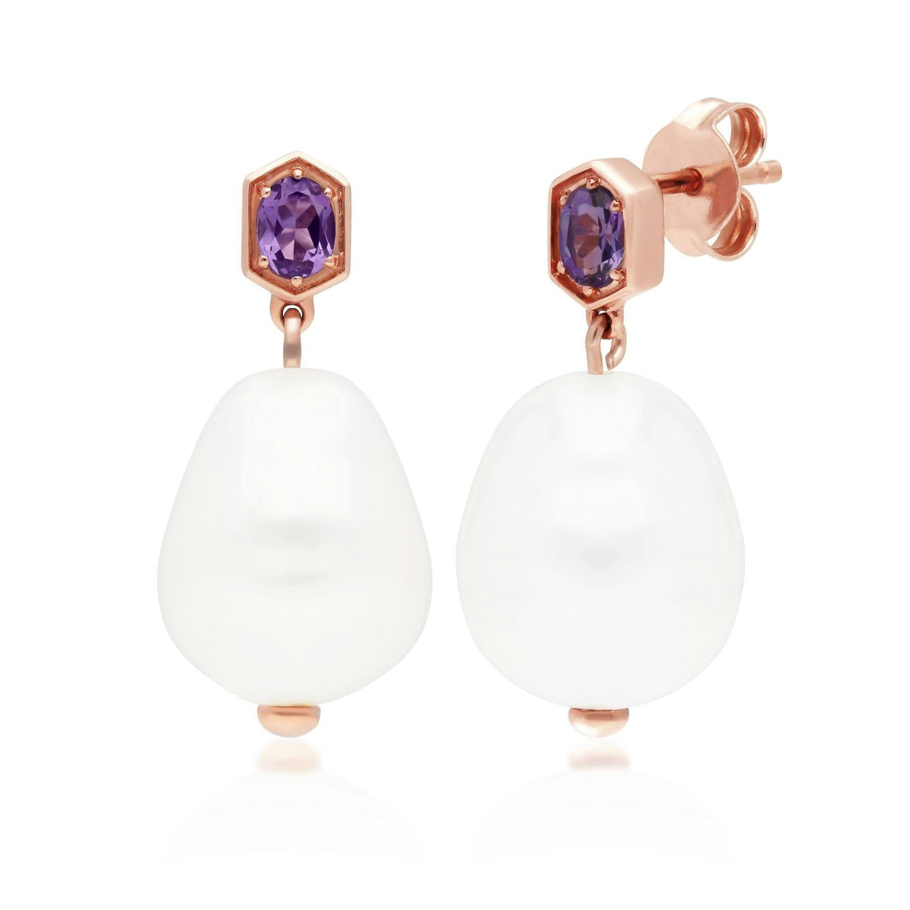 Gemondo Gold/Silver Modern Baroque Pearl & Amethyst Drop Earrings In Rose Plated