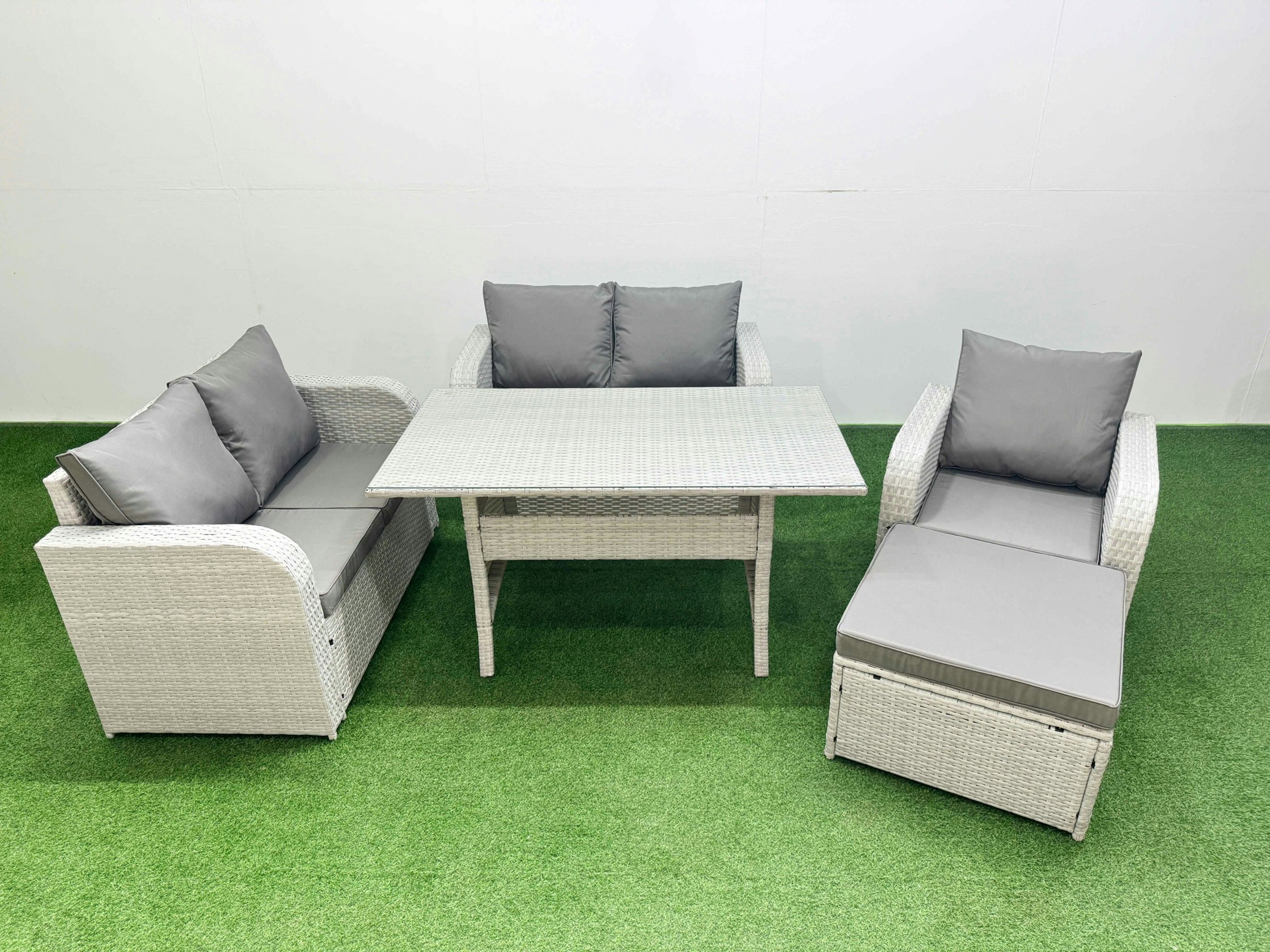 Rackhams Light/Grey High Back Poly Rattan Garden Furniture Set - Indoor/Outdoor Patio Set With Reclining Chair & Rectangular Dining Table