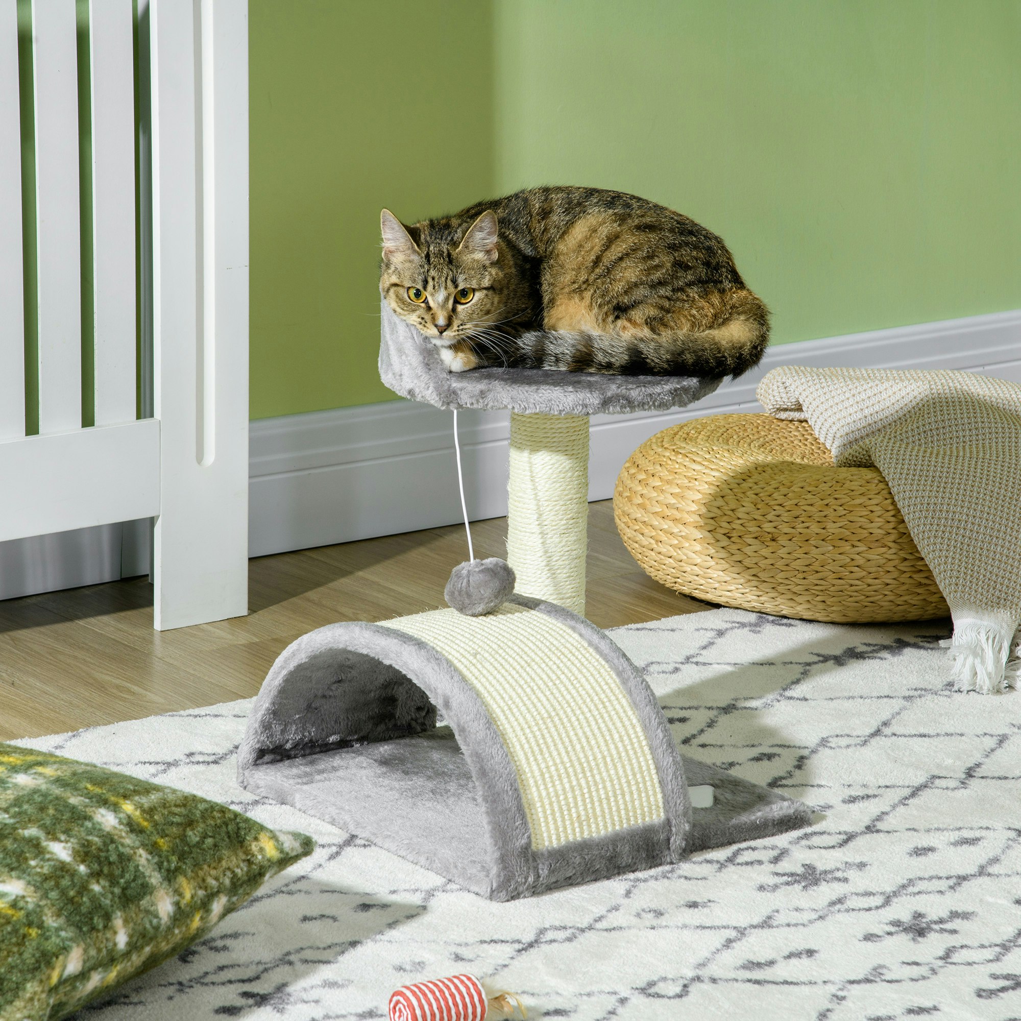 Pawhut Grey Cat Tree, Kitten Scratcher W/ Scratching Post, Toy Ball