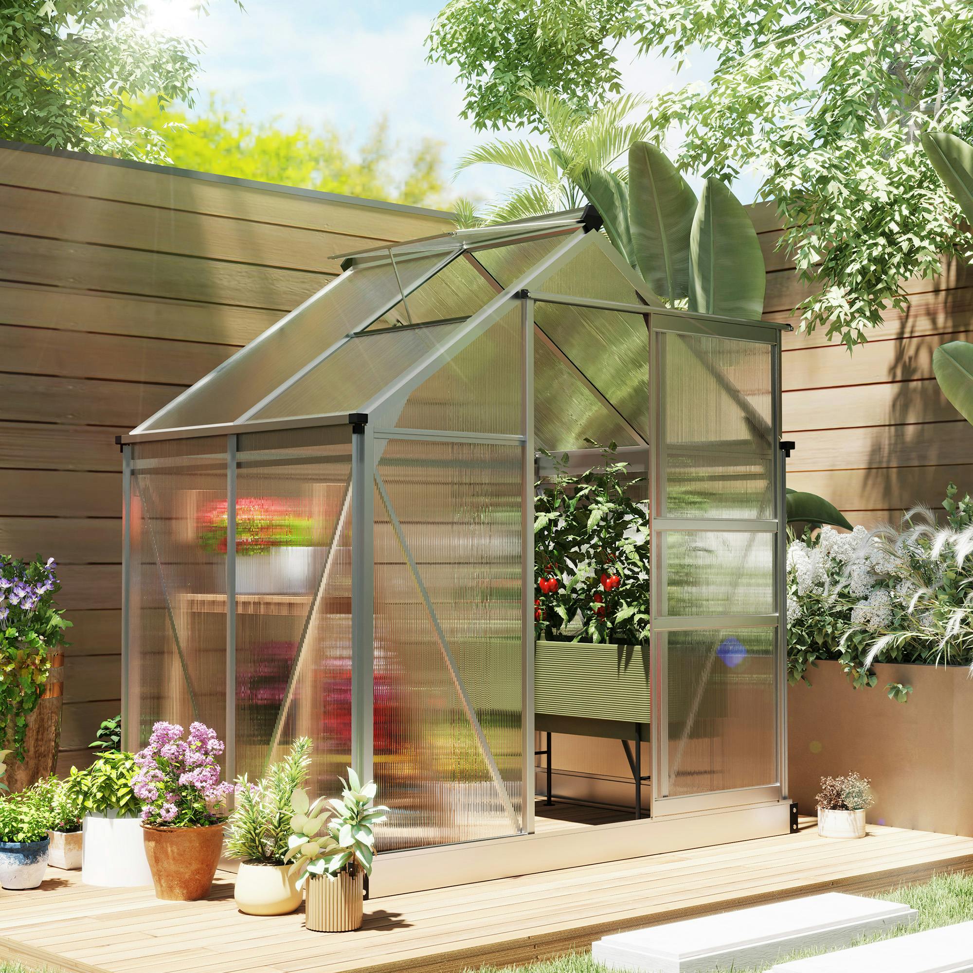Rackhams Silver Walk-In Polycarbonate Greenhouse Plant Grow Galvanized Aluminium - 190L X 132W X 201H Cm