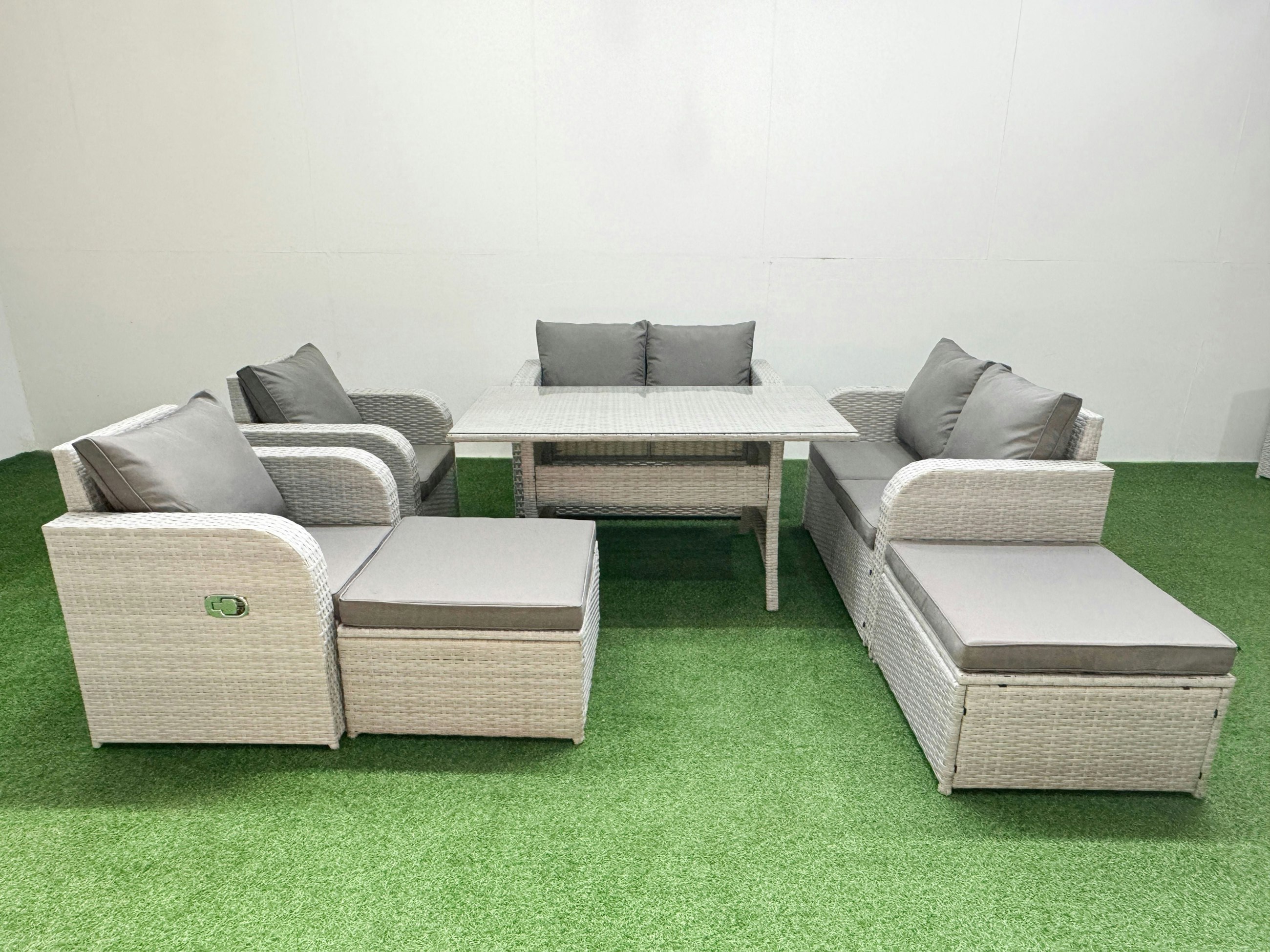 Fimous Light/Grey 8 Seater Outdoor Reclining Chair Love Sofa Set Rattan Garden Furniture Set With Rectangular Dining Table 2 Big Footstools