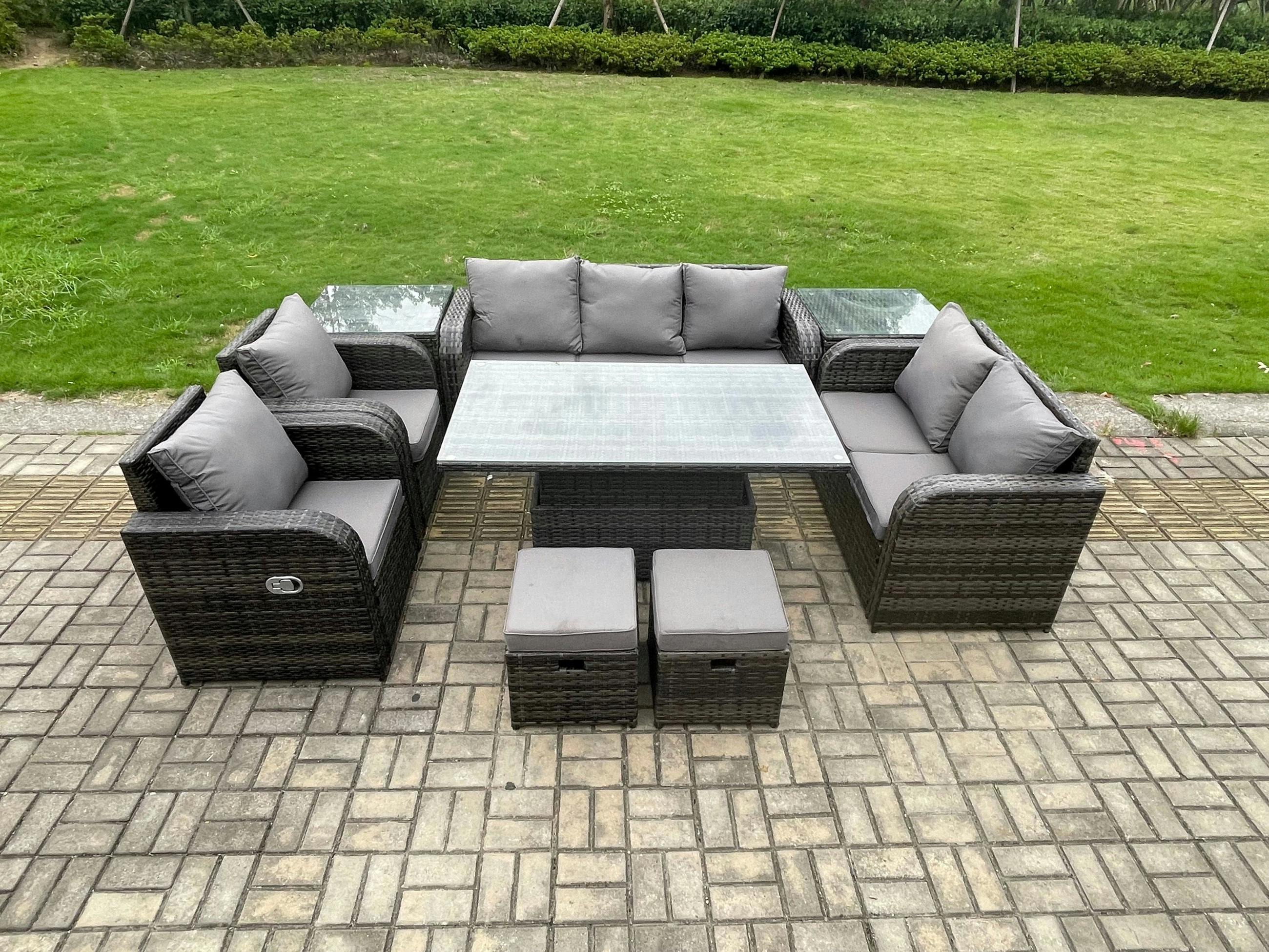 Fimous Dark/Grey 9 Seater Rattan Garden Furniture Set With Adjustable Dining Table, 2 Reclining Chairs, 2 Sofas, 2 Side Tables, 2 Footstools - Mixed