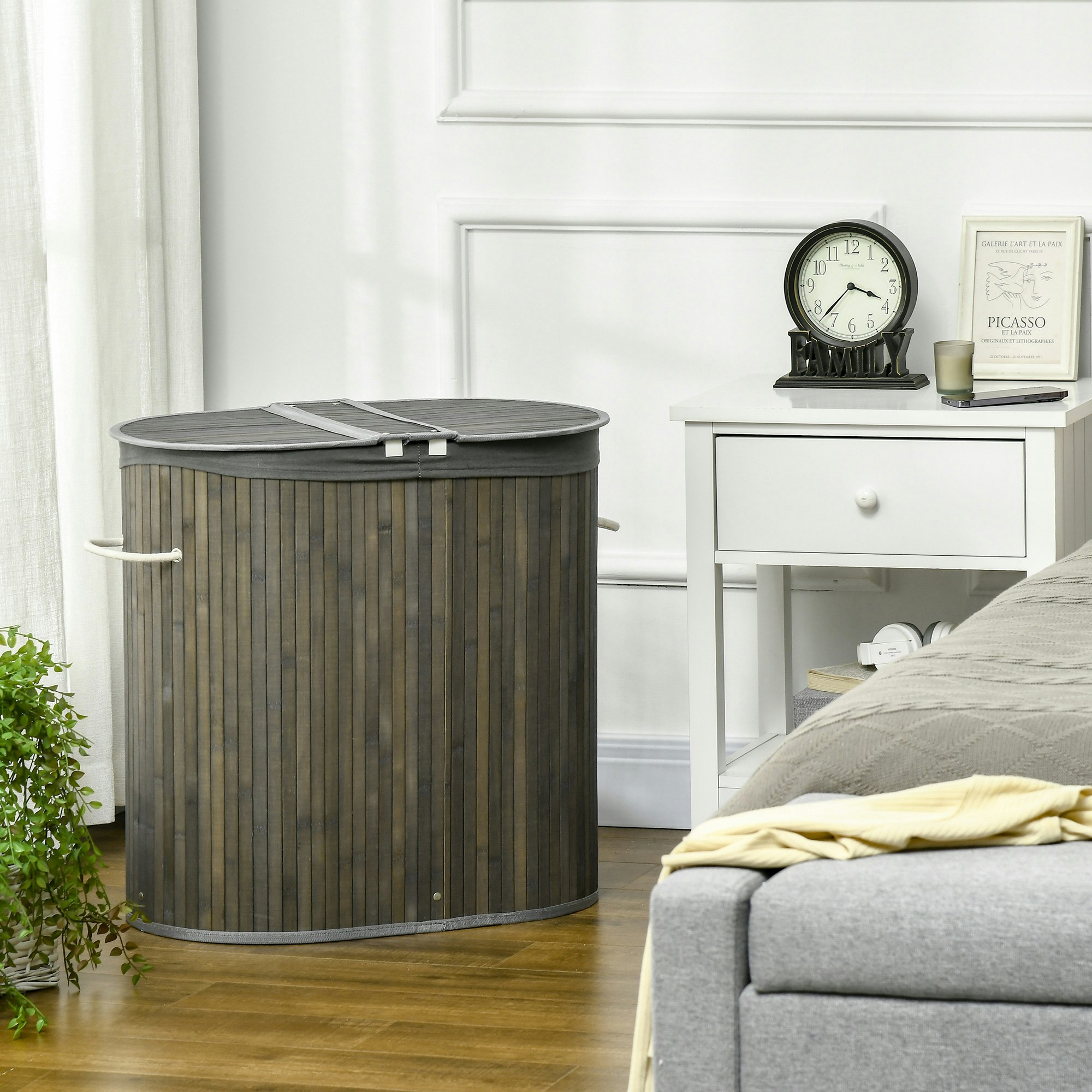 Homcom Grey 100L Bamboo Laundry Basket W/ 2 Compartments Washing Baskets