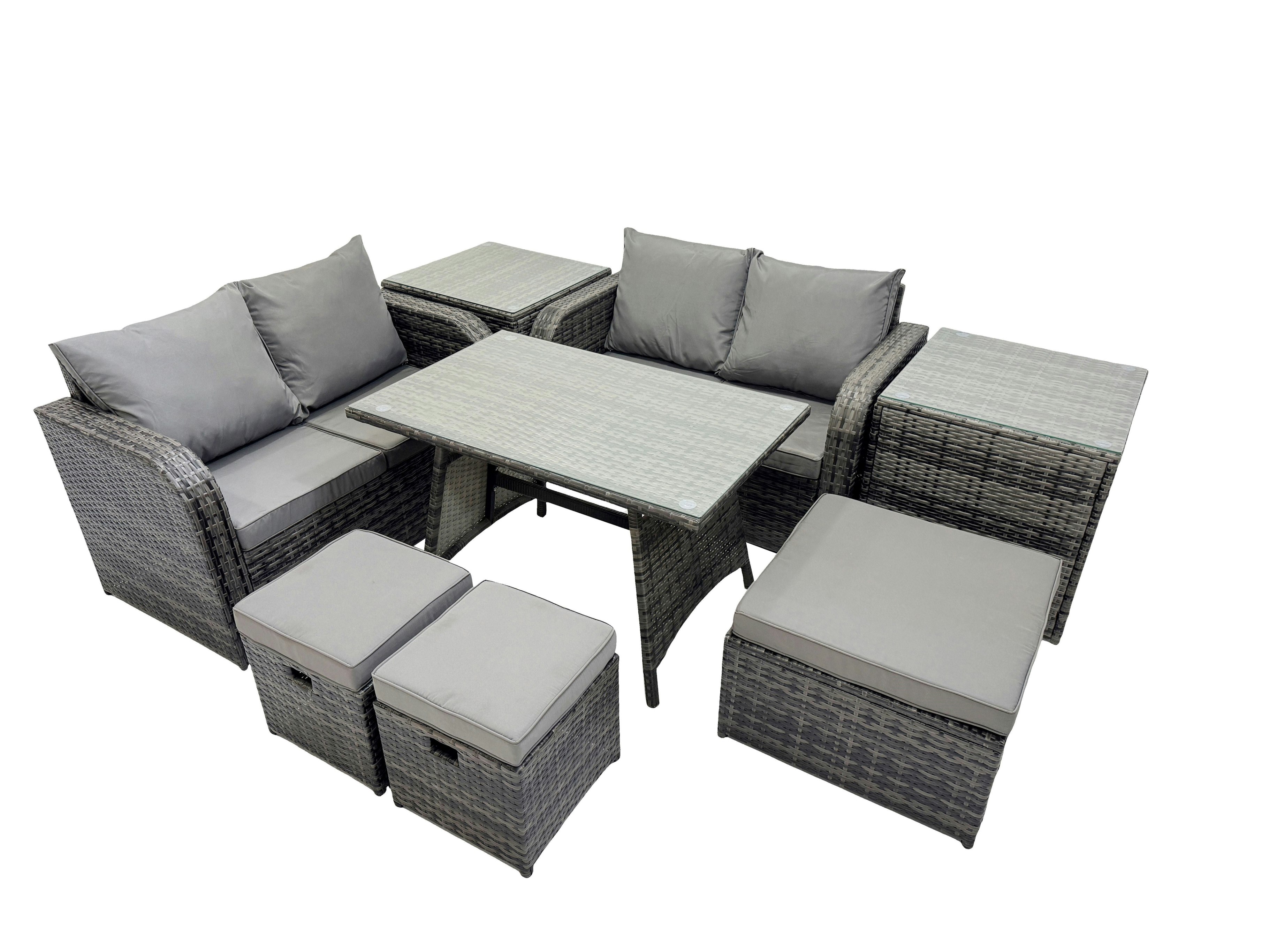 Rackhams Dark/Grey 7 Seater Garden Outdoor Rattan Furniture Set Rattan Sofa Oblong Dining Table With 2 Side Tables