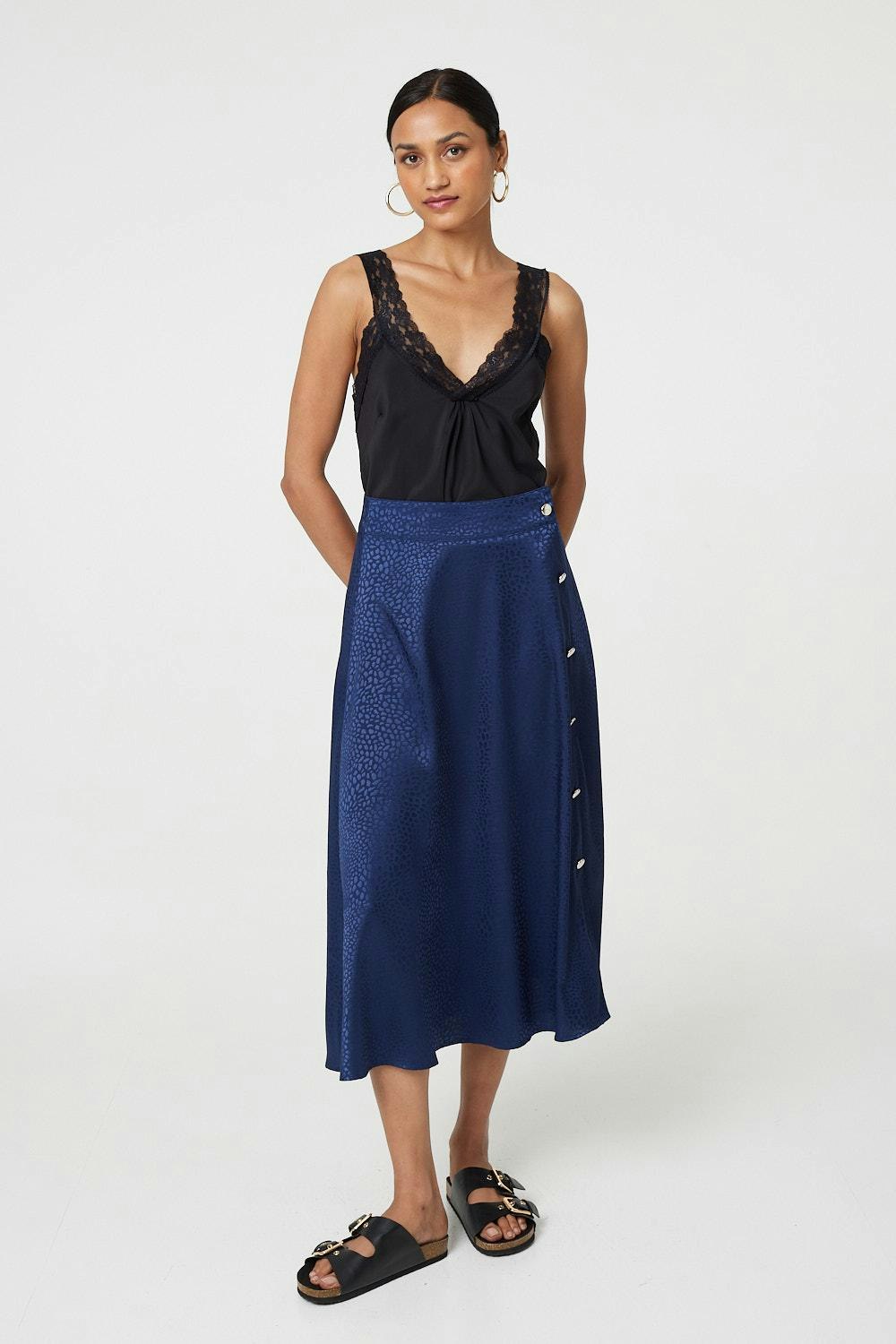 Izabel London Animal Print Button Detail Midi Skirt - Navy - 14