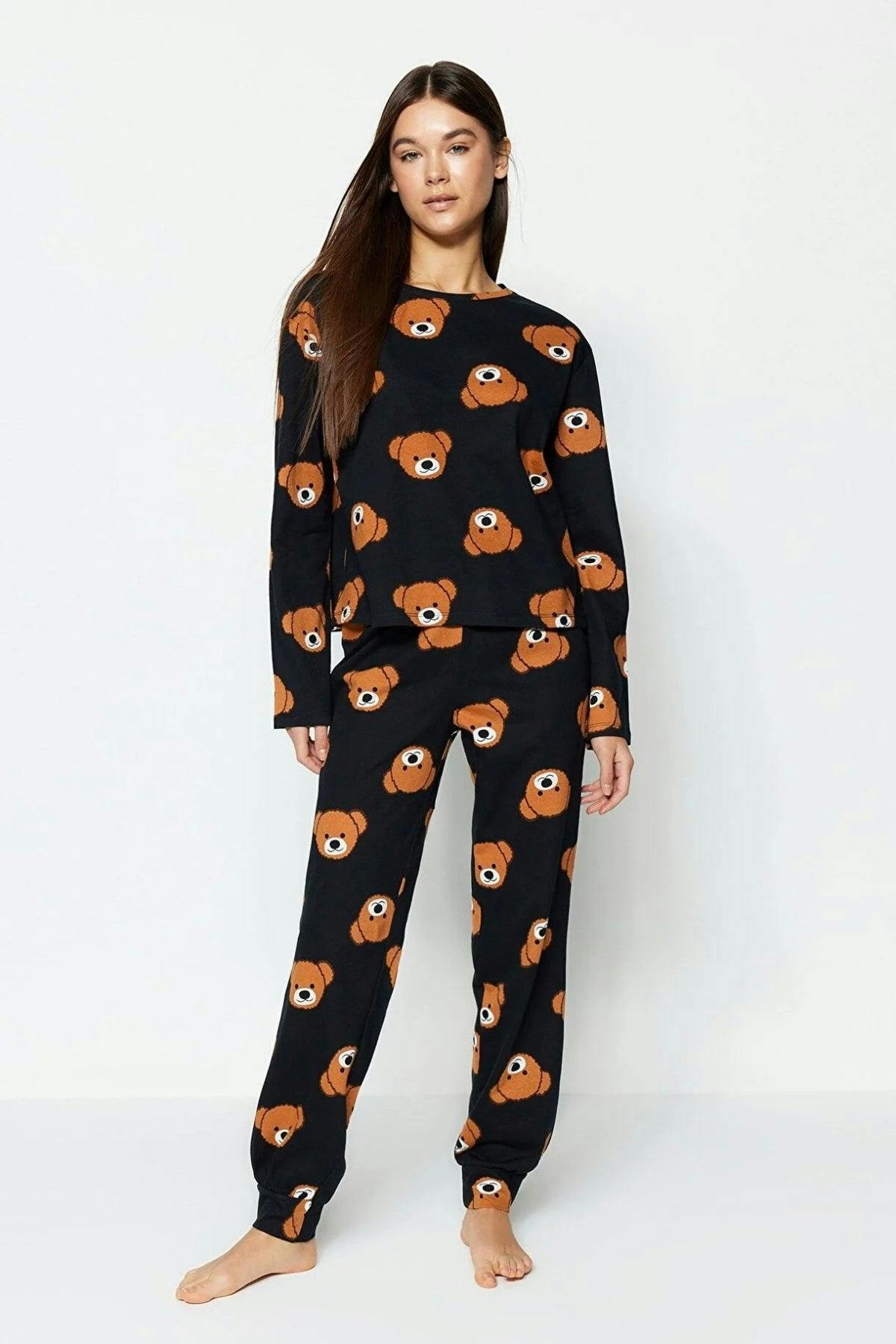 Hoxton Gal Black 100% Cotton Knitted Pajama Set With Teddy Bear Print - M - Image 2
