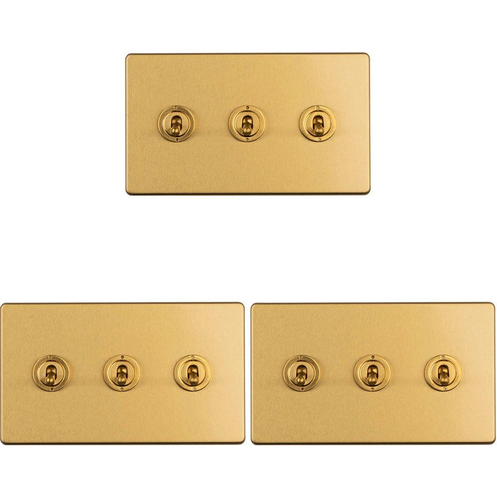 Rackhams Light Pack Gang Triple Retro Toggle Switch Screwless Satin Brass 10A 2 Way Size 3