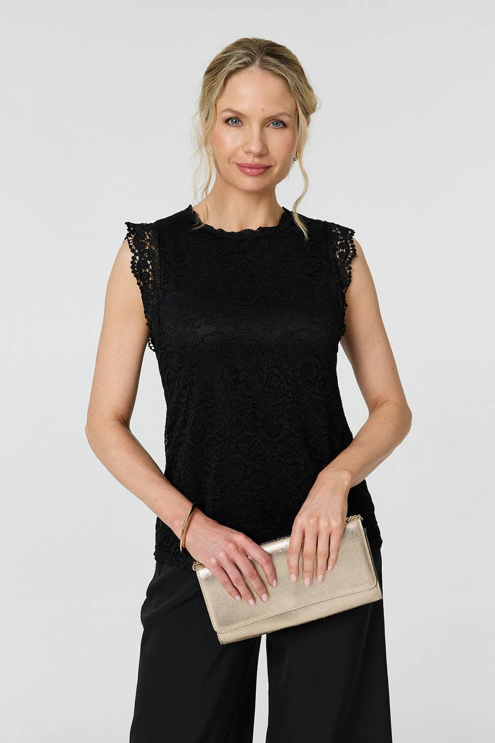 Izabel London Black Lace Layered Cap Sleeve Top - 12