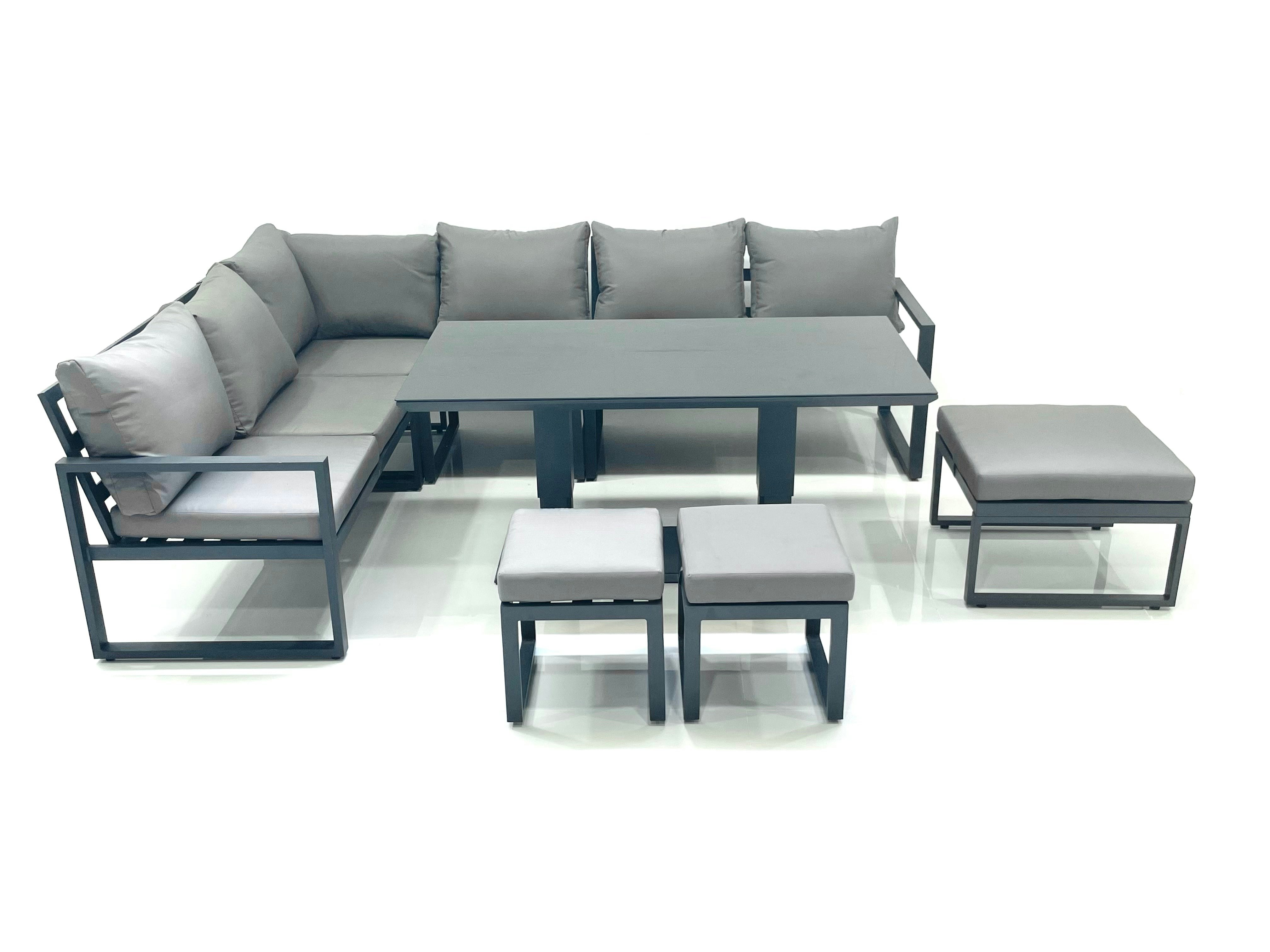 Fimous Dark/Grey Aluminium Outdoor Garden Furniture Set Corner Sofa 3 Footstools Adjustable Rising Lifting Dining Table Sets
