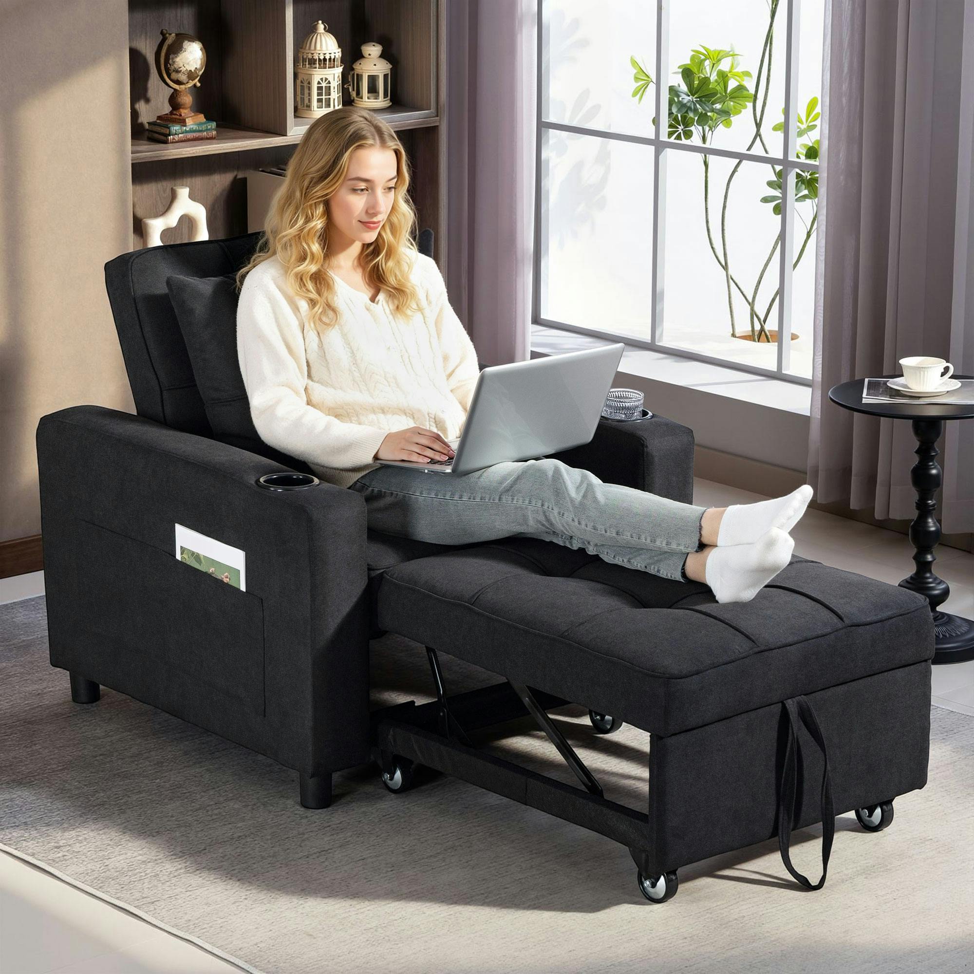 Homcom Black 3-In-1 Sofa Bed, Convertible Sleeper Chair With Adjustable Backrest - Plastic - Linen-Look Fabric