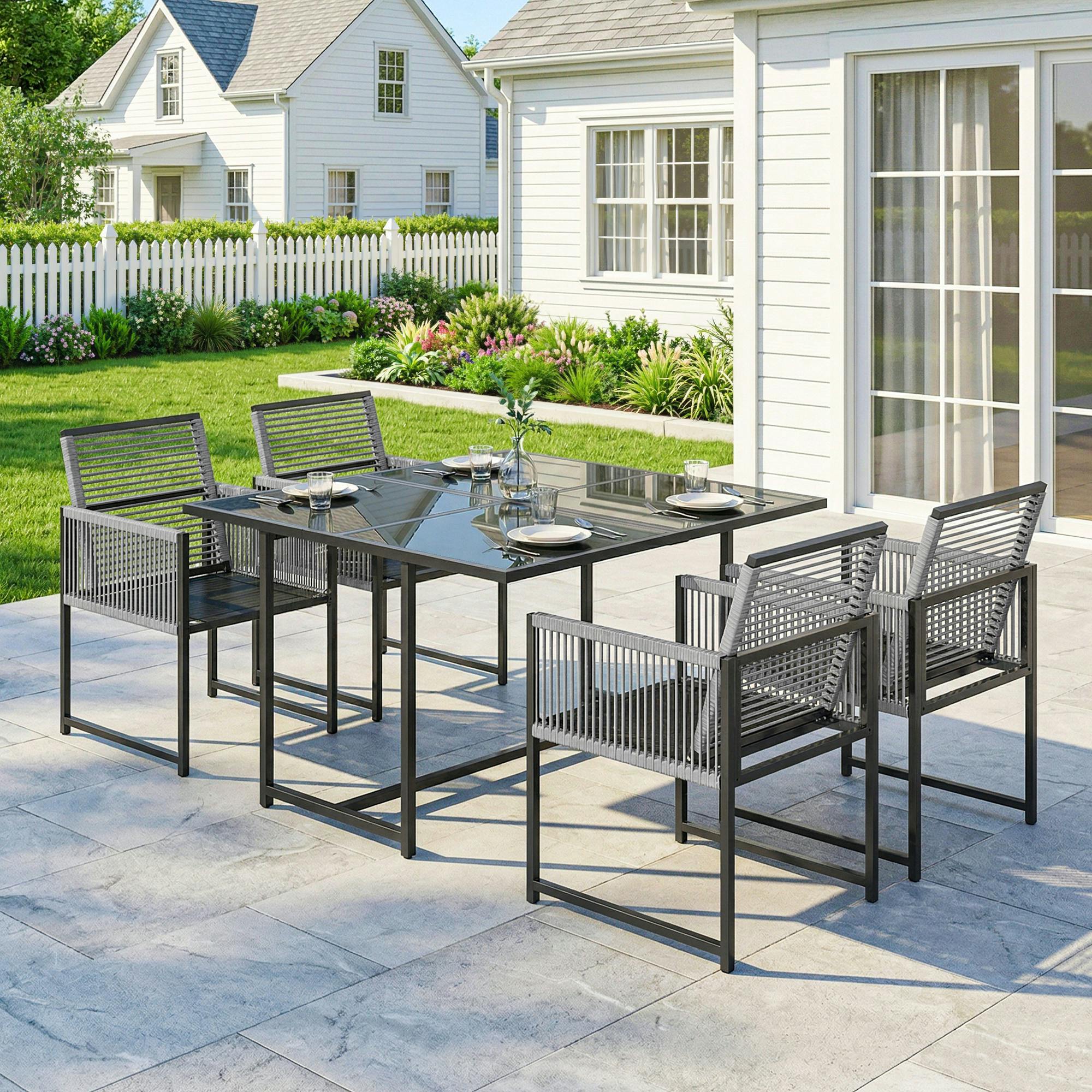 Rackhams Light/Grey Garden Dining Set, Outdoor Table And Chairs With Foldable Backrest - 1 Table, 4 Chairs - 120