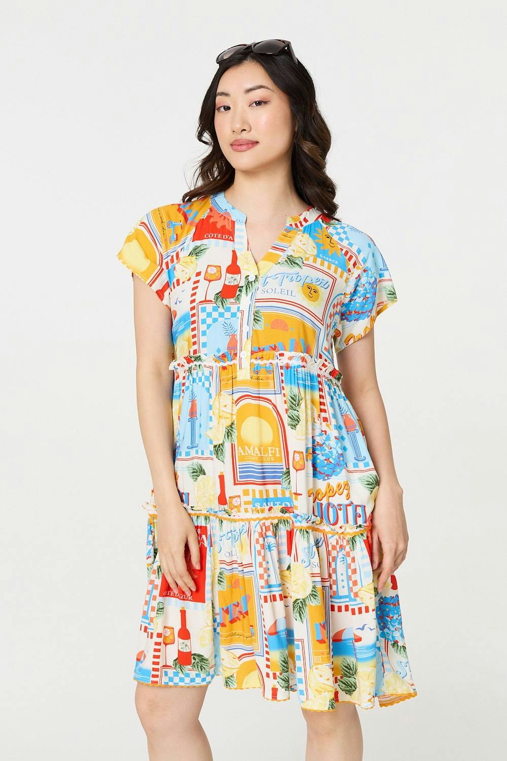 Izabel London Orange Patchwork Print Knee Length Smock Dress - Size 16