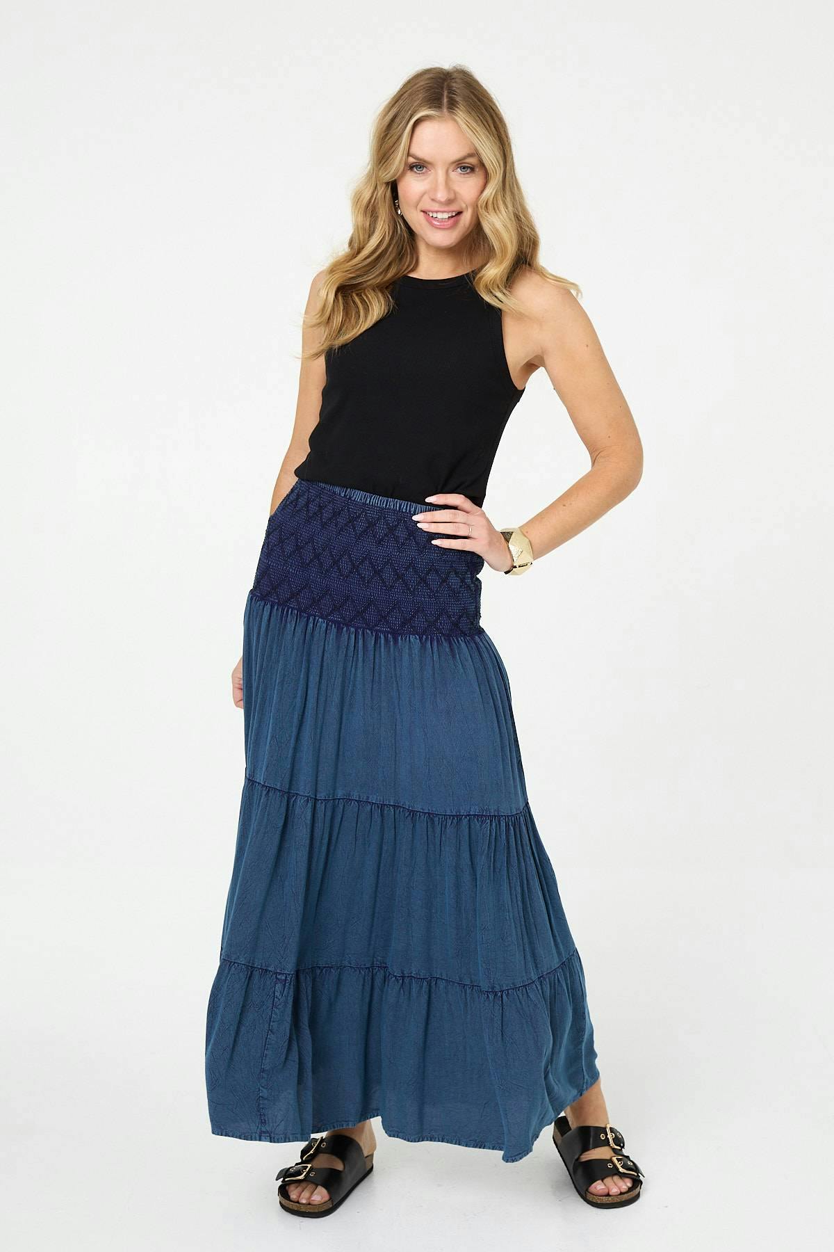 Izabel London Blue Elasticated High Waist Tiered Maxi Skirt - 14