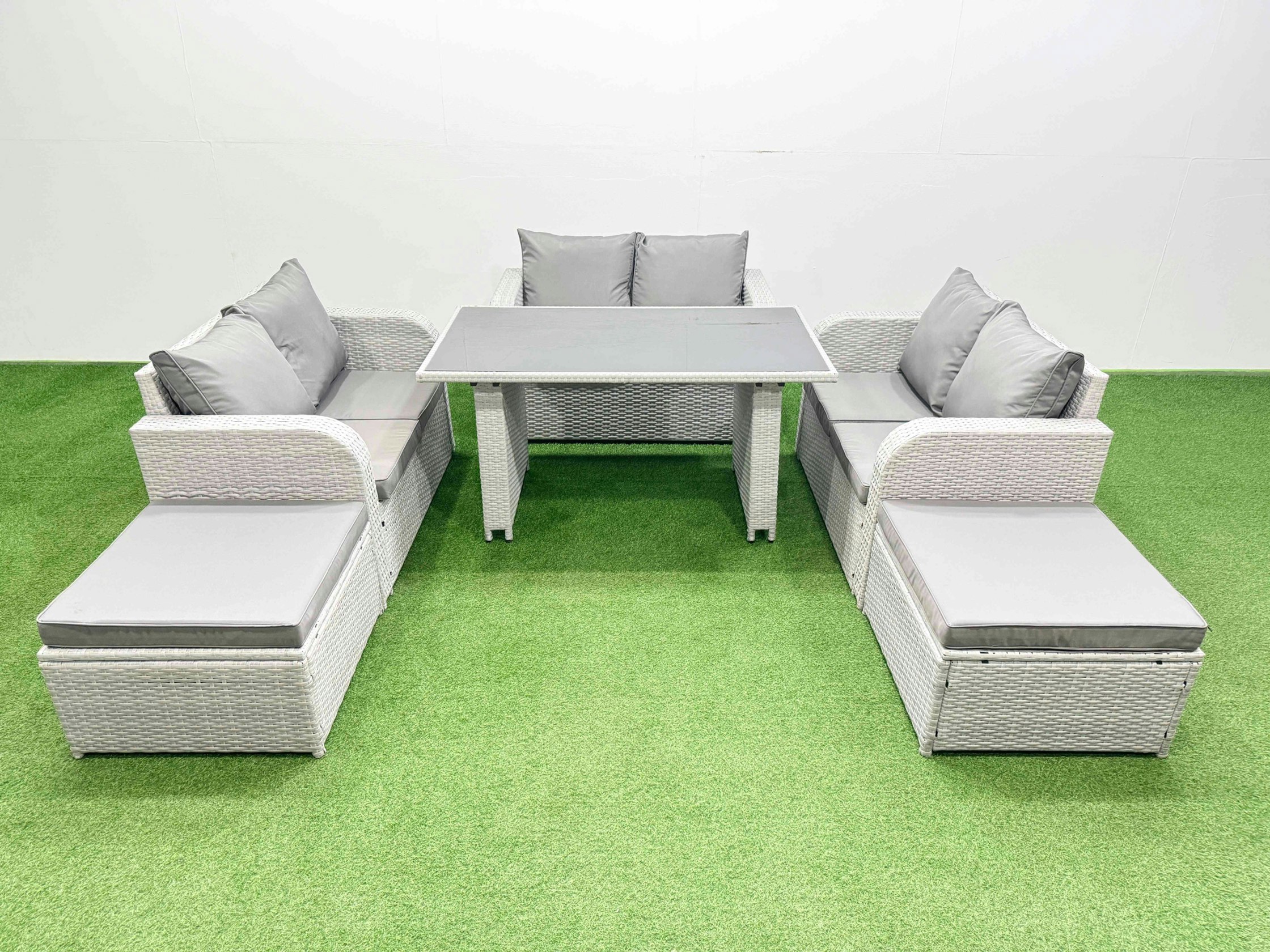 Fimous Black/Light/Grey 8 Seater Patio Garden Furniture Sets With Glass Top Dining Table Love Sofa 2 Big Stool