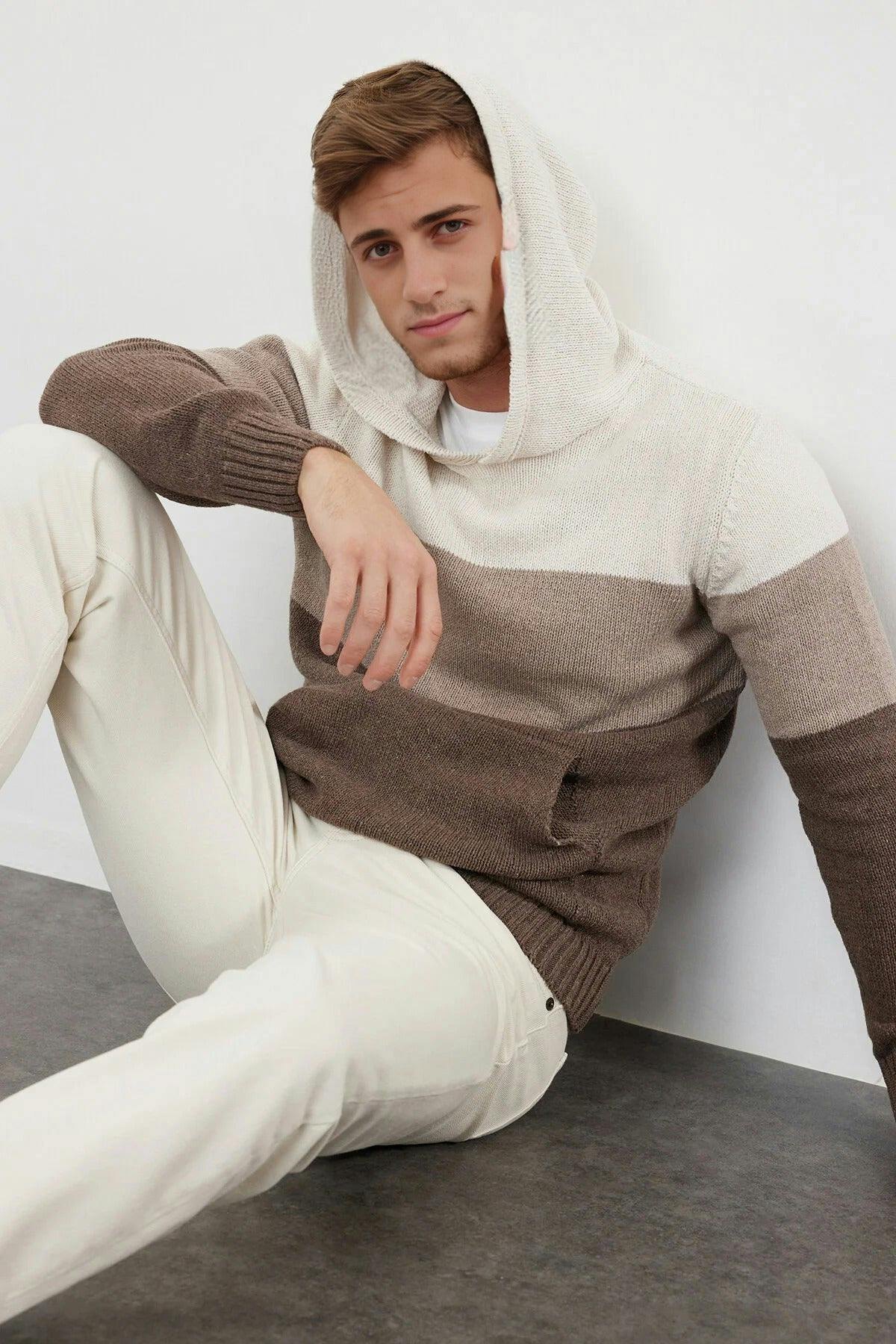 Wovcor Men's Color Block Knit Sweater With Hood - Ecru - M