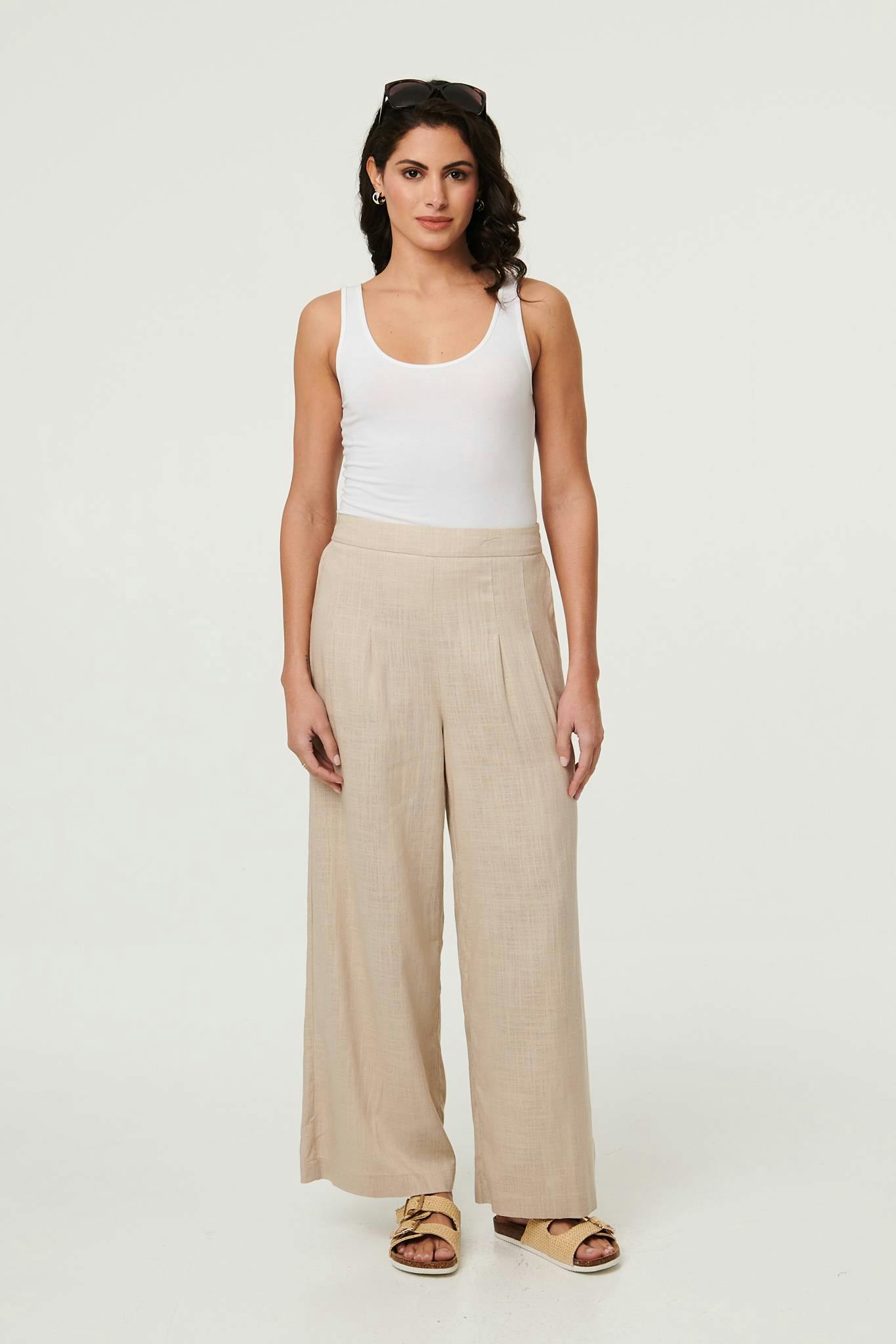 Izabel London Beige High Waist Wide Leg Trousers - 8