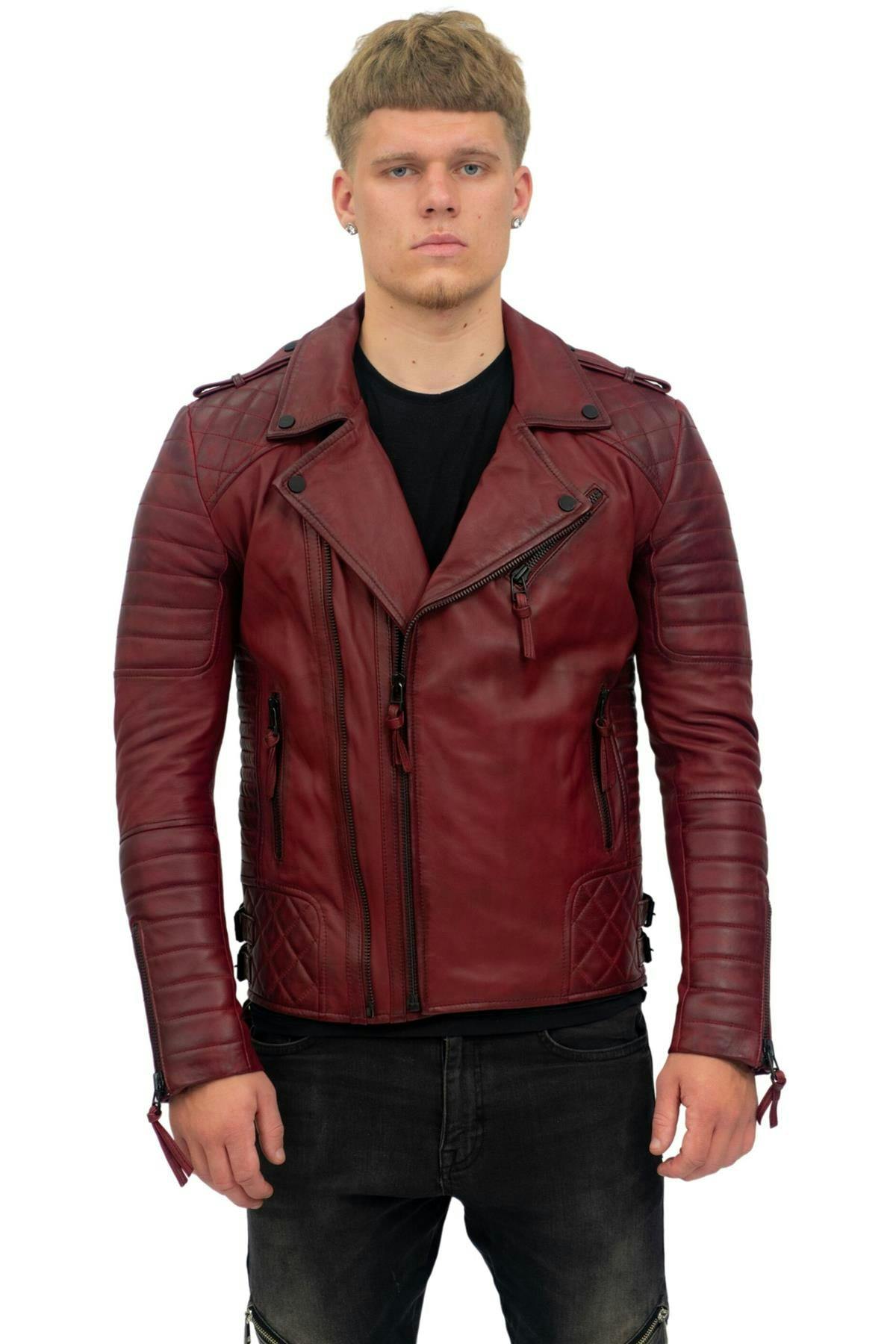 Infinity Leather Men's Burgundy Slim-Fit Double Zip Brando Leather Biker Jacket-Cairo - Uk 4XL | Eu 58 | Us 48
