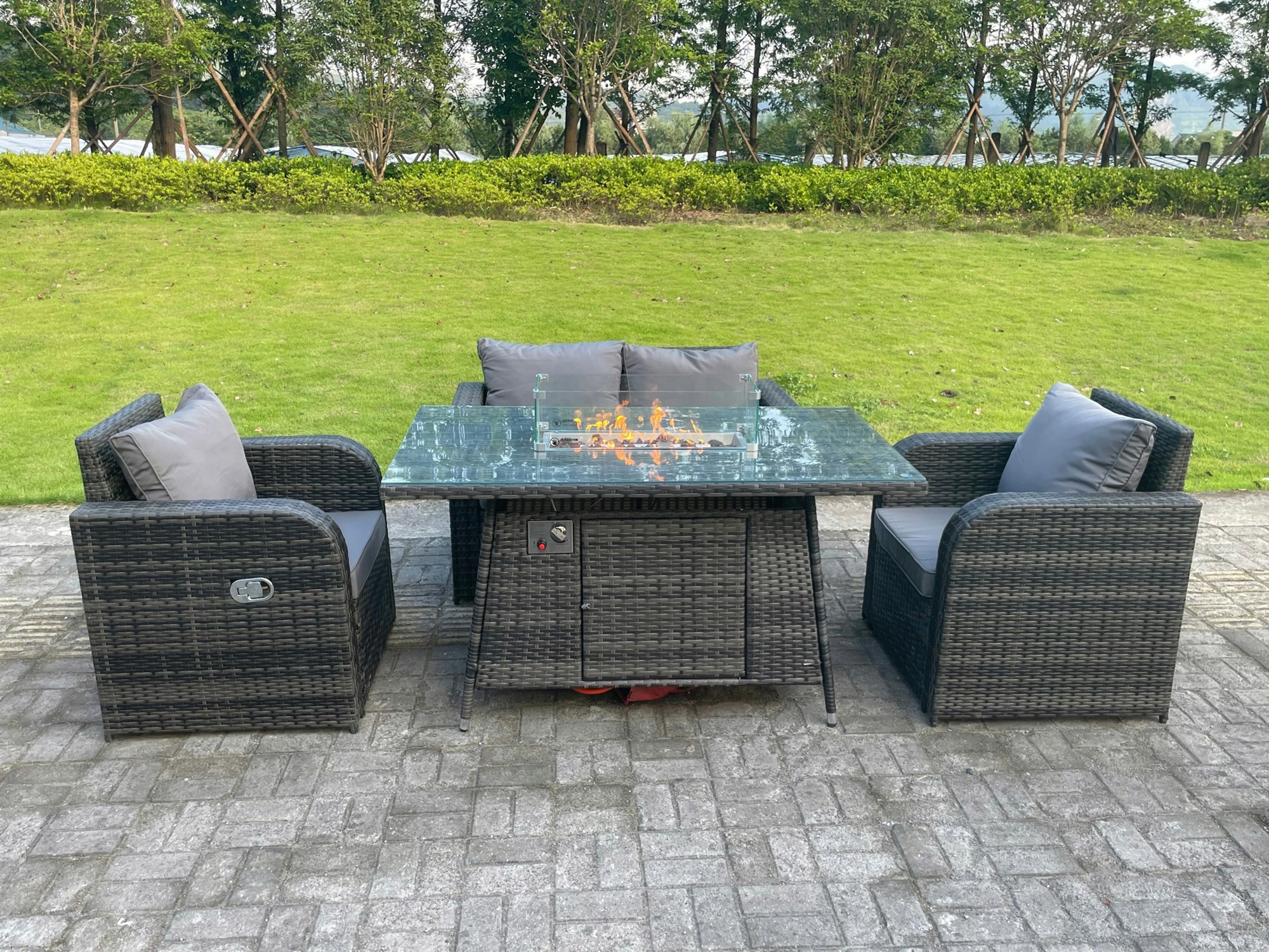 Fimous Dark/Grey Mixed Rattan Outdoor Garden Furniture Gas Fire Pit Table Sets Gas Heater Love Sofa Reclining Adjustable Chairs 4 Seater