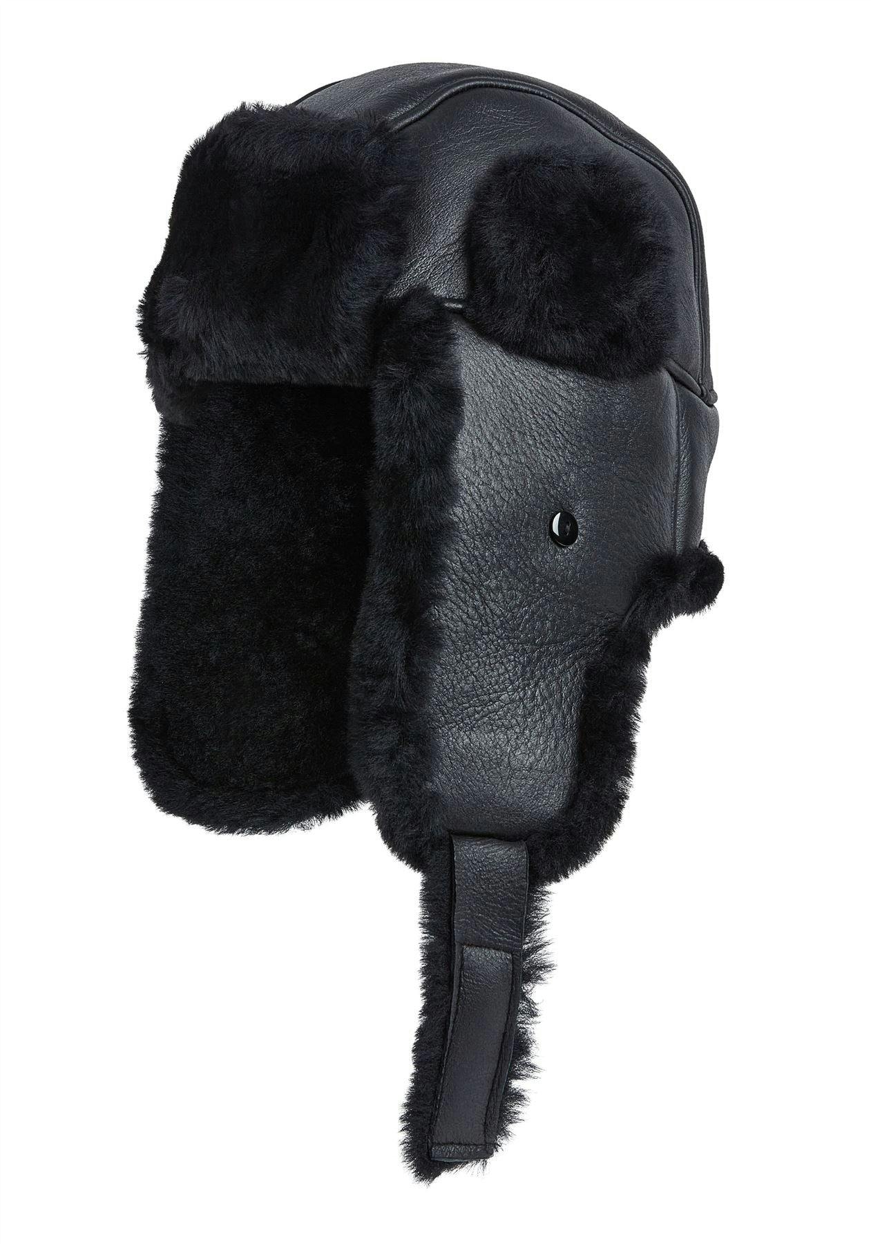 Infinity Leather Men's Black Raf Aviator Sheepskin B-55 Trapper Hat Winter Warm Leather Navigator Hat - S