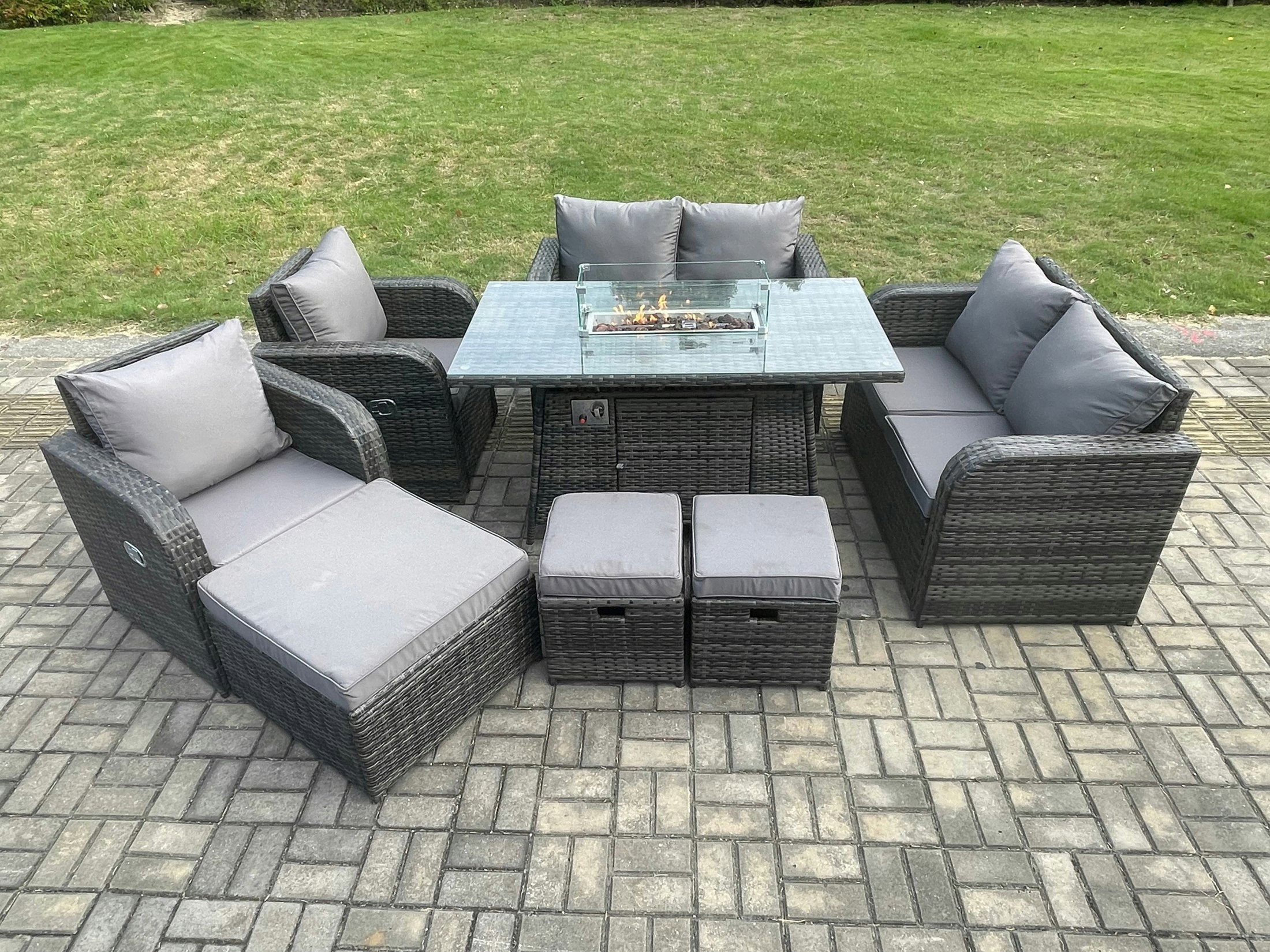 Rackhams 9 Seater Rattan Garden Furniture Set Propane Gas Fire Pit Table and Sofa Chair set with 3 Footstool