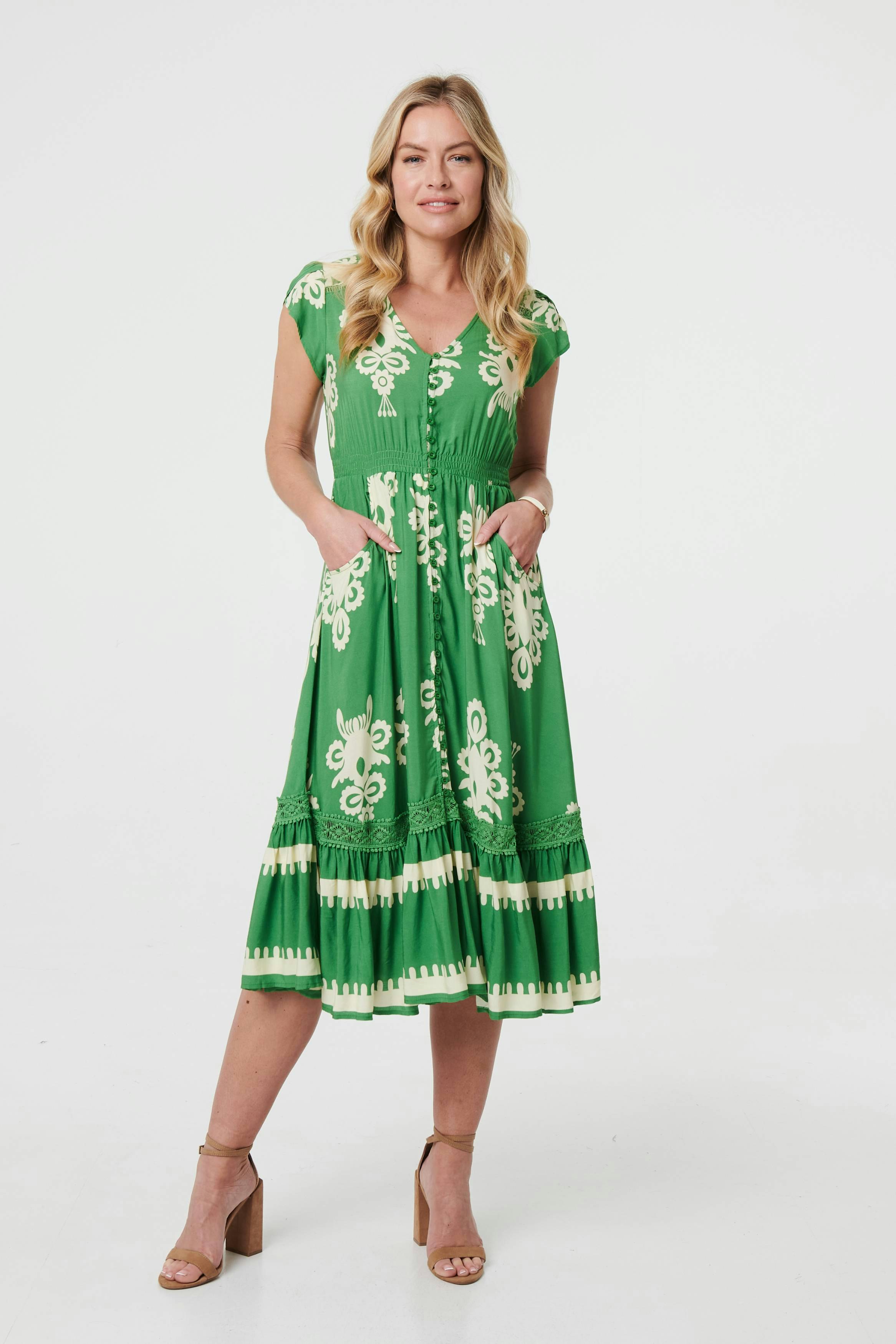 Izabel London Women's Green Ikat Print Cap Sleeve Shirred Midi Dress - 10