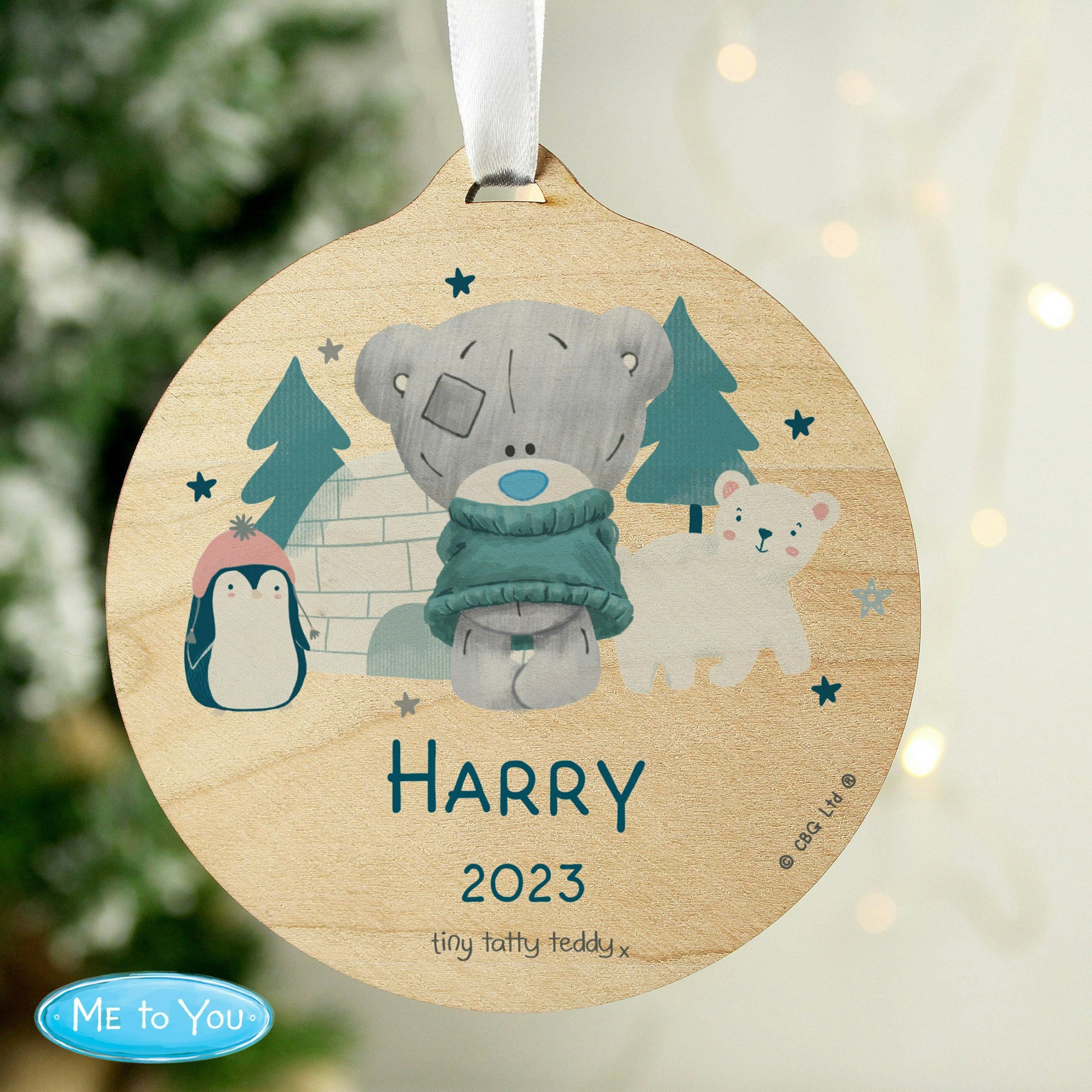 Rackhams Personalised Winter Explorer Tiny Tatty Teddy Round Wooden Decoration