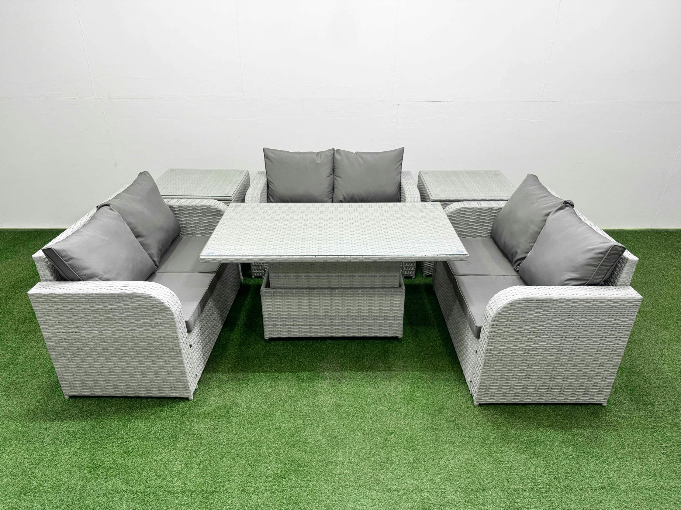Fimous Light/Grey 6 Seater Pe Wicker Rattan Furniture Sofa Sets With Adjustable Lifting Dining Or Coffee Table 2 Seater Love Sofa 2 Side Table