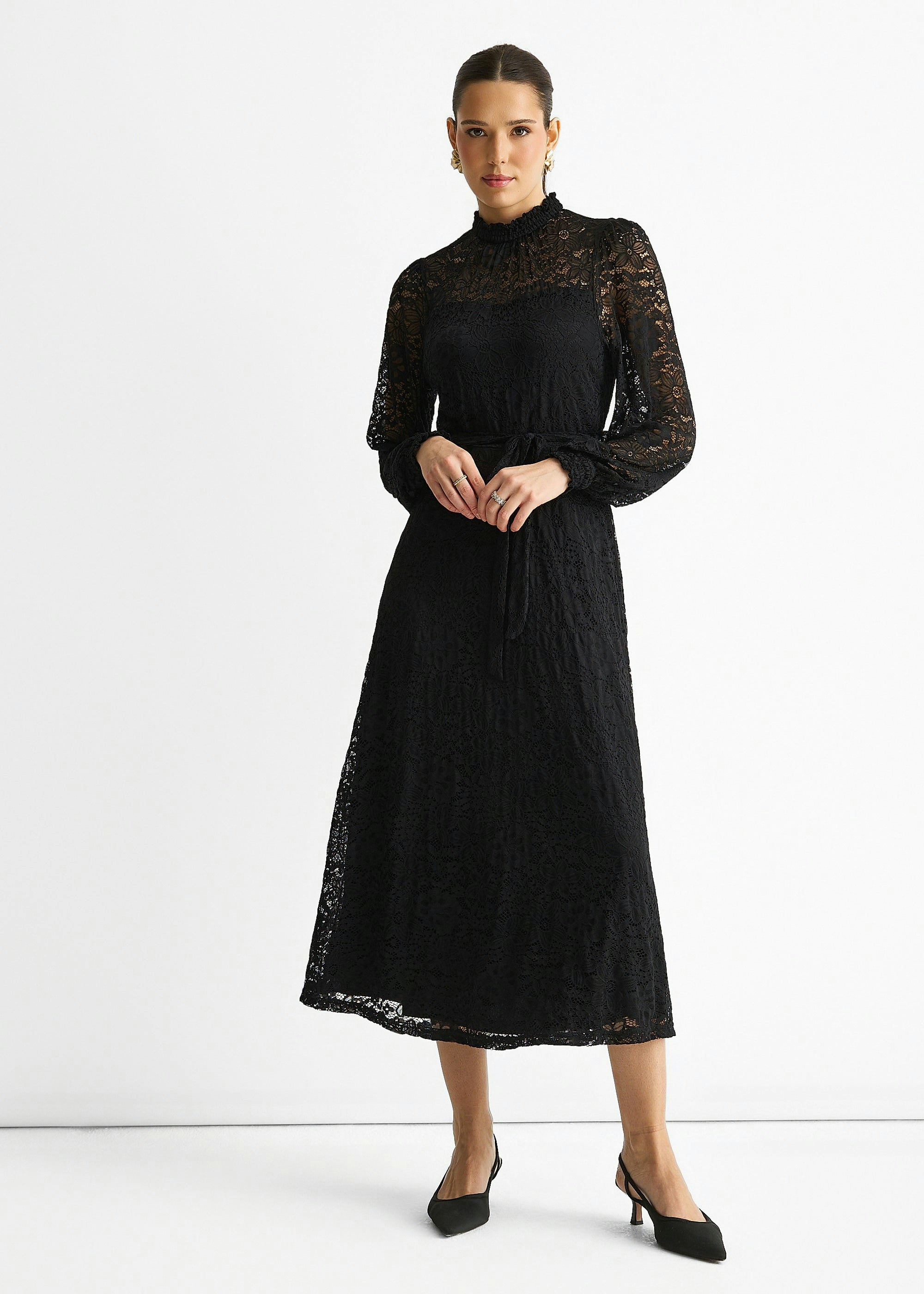 Gini London Black High Neck Jersey Lace Occasion Midi Dress - Uk 16 / Us 12 / Eu 44