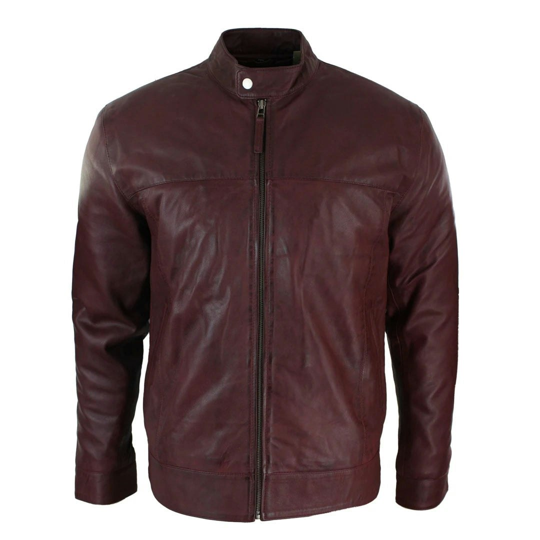 Infinity Leather Men's Burgundy Leather Company Classic Zip Leather Jacket Nehru Grandad Collar Biker Style - 5XL