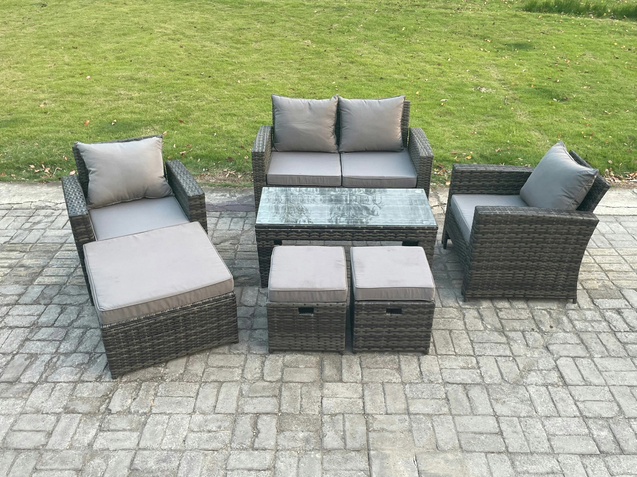 Fimous Dark/Grey 7 Seater Outdoor Rattan Garden Furniture Set Patio Lounge Sofa Set With Coffee Table 3 Footstools Mixed