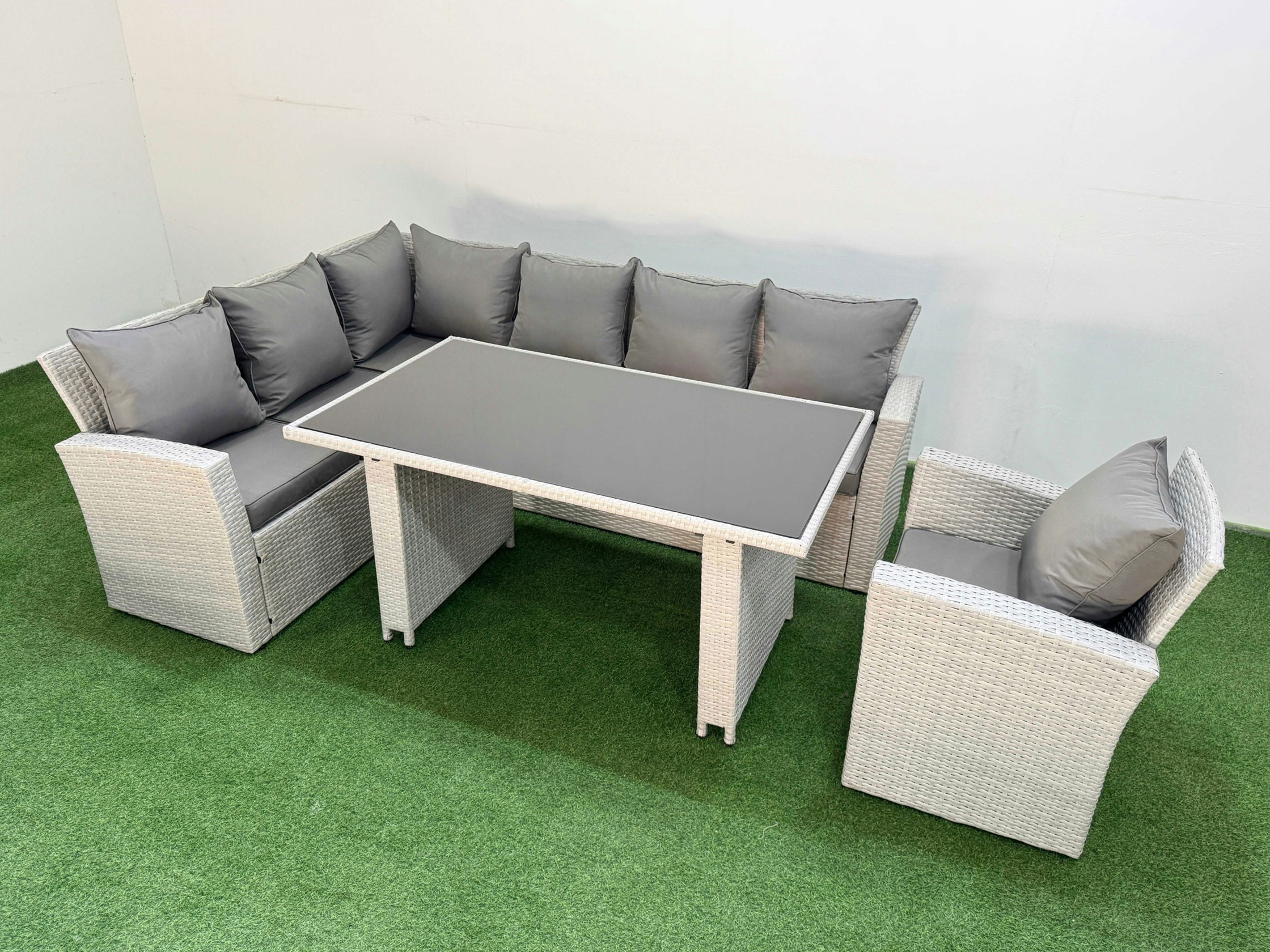 Fimous Light/Grey 7 Seater Wicker Rattan Corner Sofa Sets Outdoor Garden Furniture Sets With Rectangular Dining Table Lounge Sofa Armchair