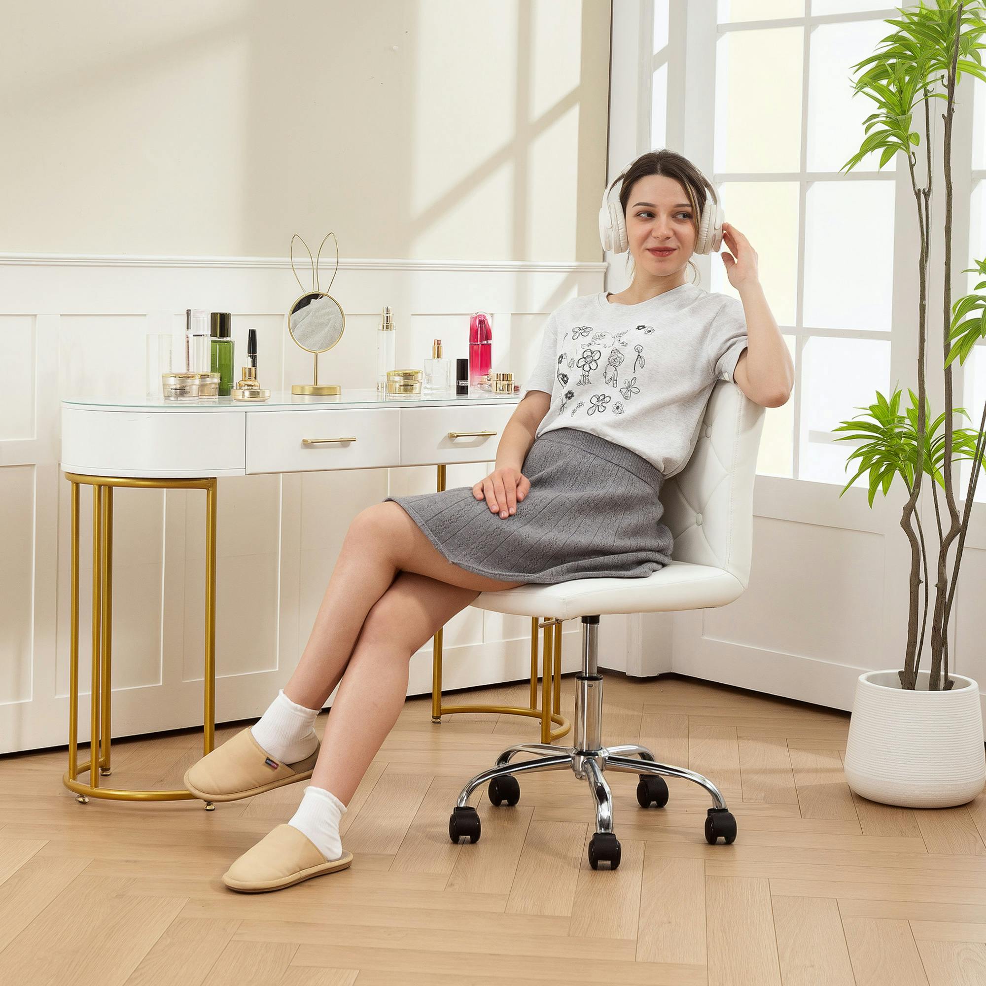 Rackhams Pink/White Modern Vanity Computer Desk Chair With Rolling Wheels, - Yes - Office Chair