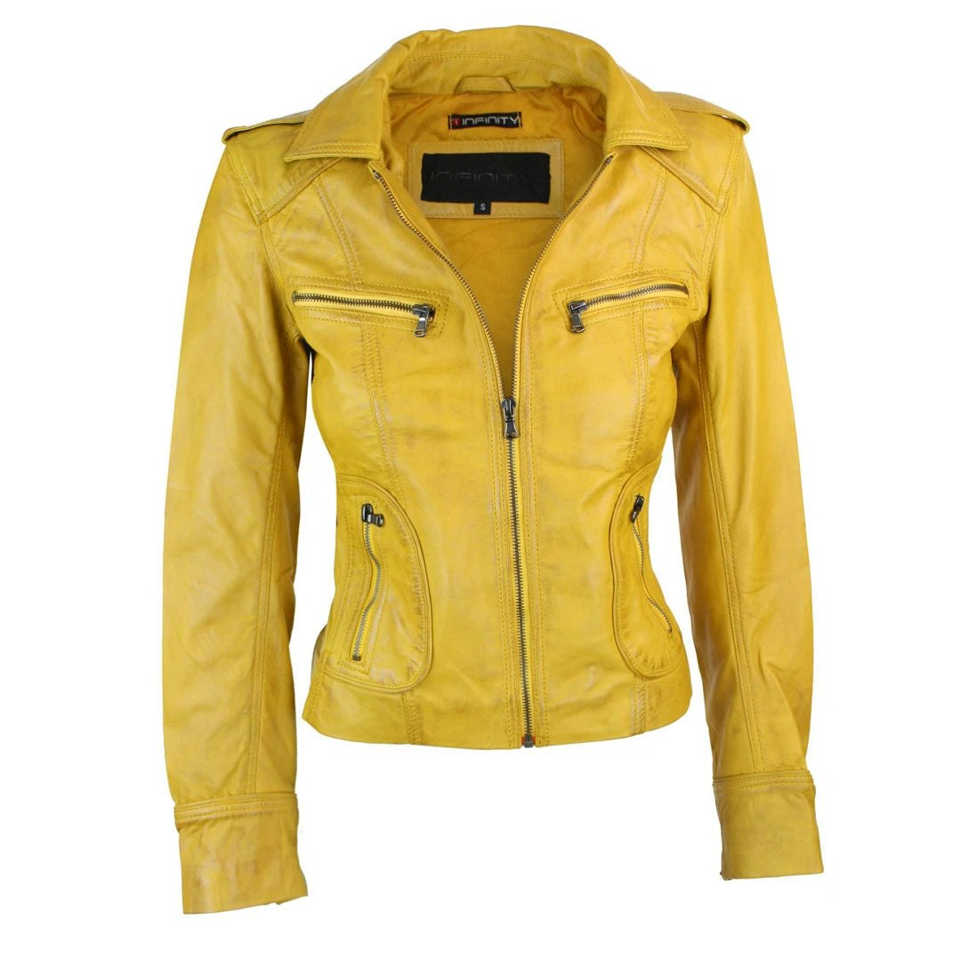 Infinity Leather Women's Yellow Leather Company Leather Biker Motorbike Short Jacket - Uk 20