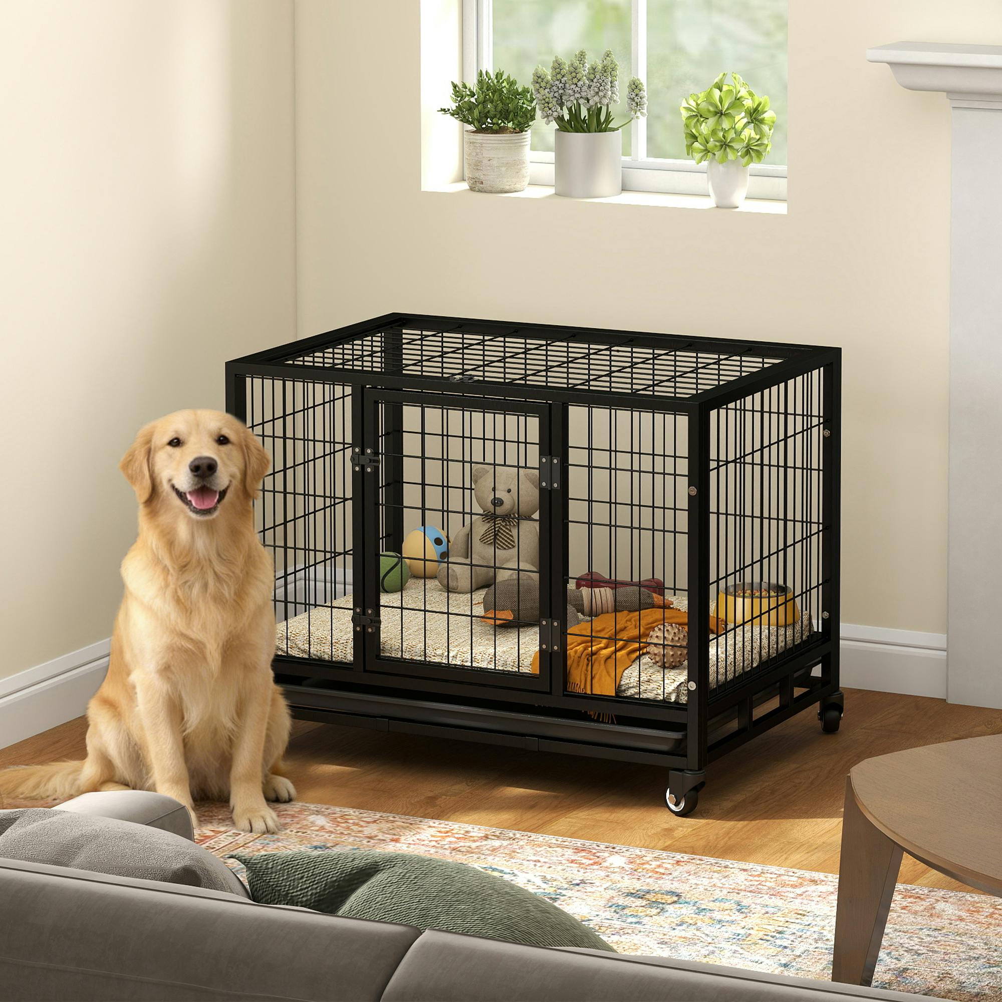 Pawhut Black Metal Kennel Cage With Wheels And Crate Tray For Pet Dog Medium