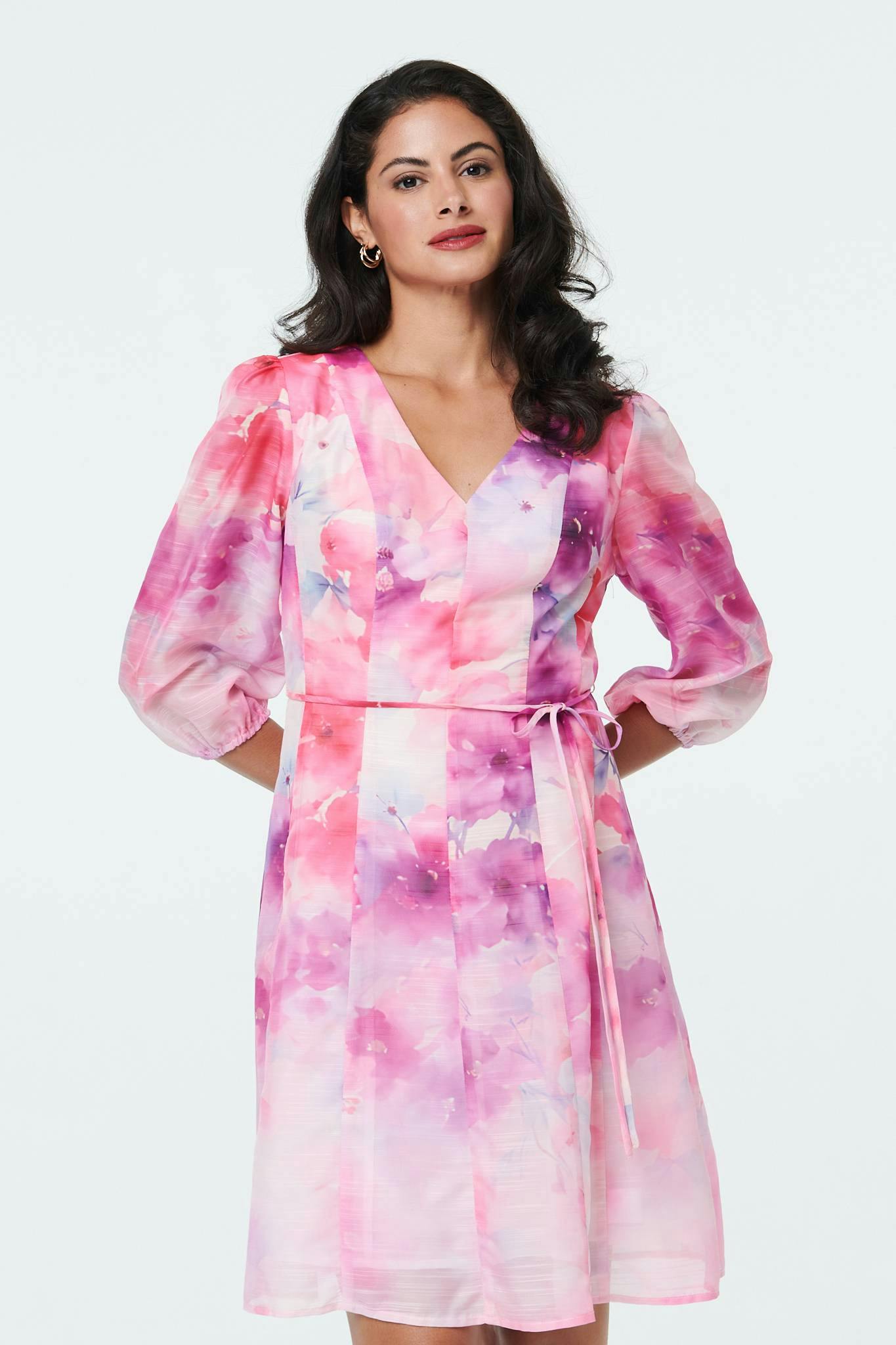 Izabel London Pink Floral Layer 3/4 Puff Sleeve Short Dress - 14