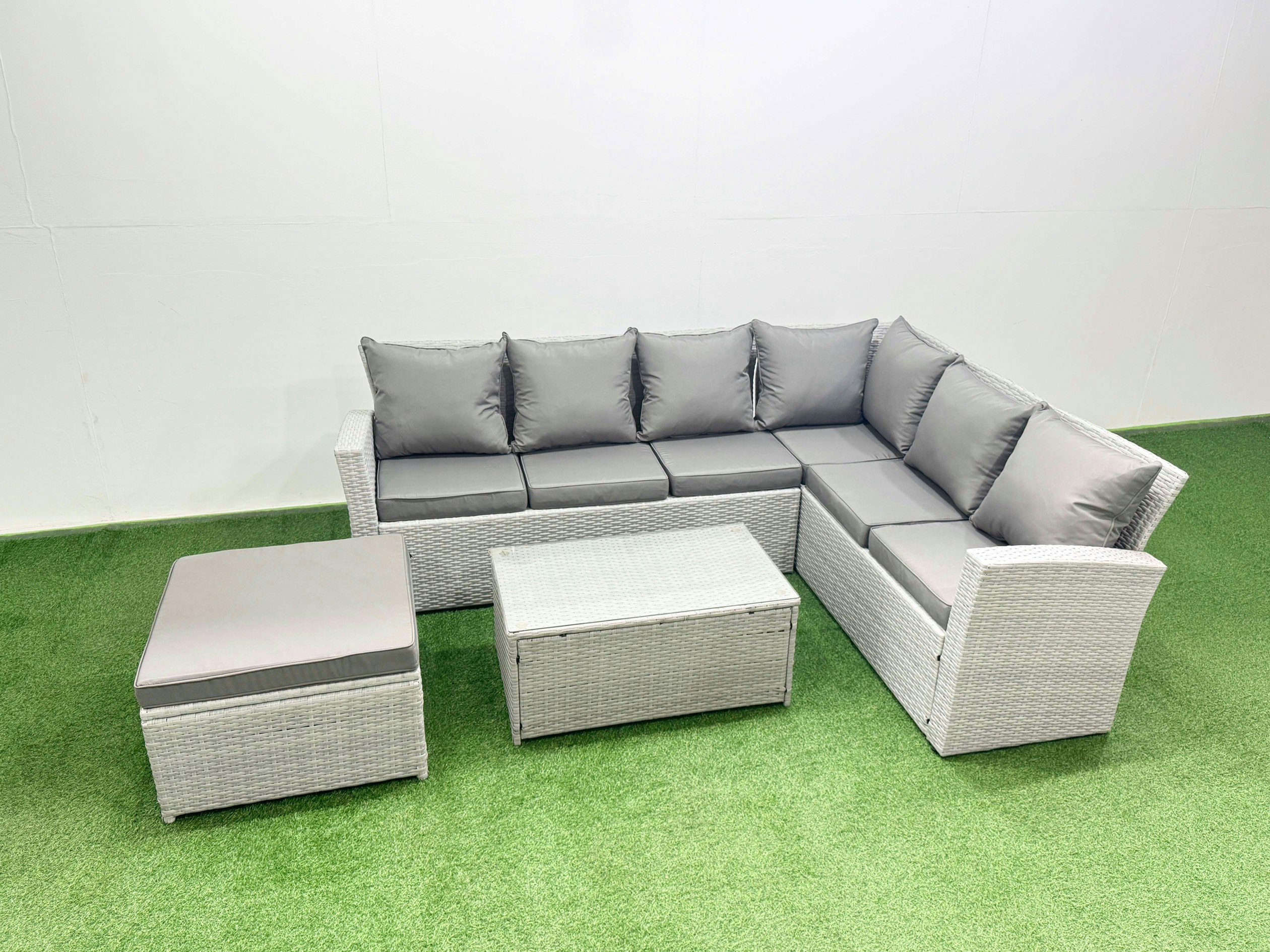 Fimous Light/Grey Garden Outdoor Pe Rattan Furniture Set 7 Seater Rattan Garden Sofa Set With Oblong Coffee Table Mixed