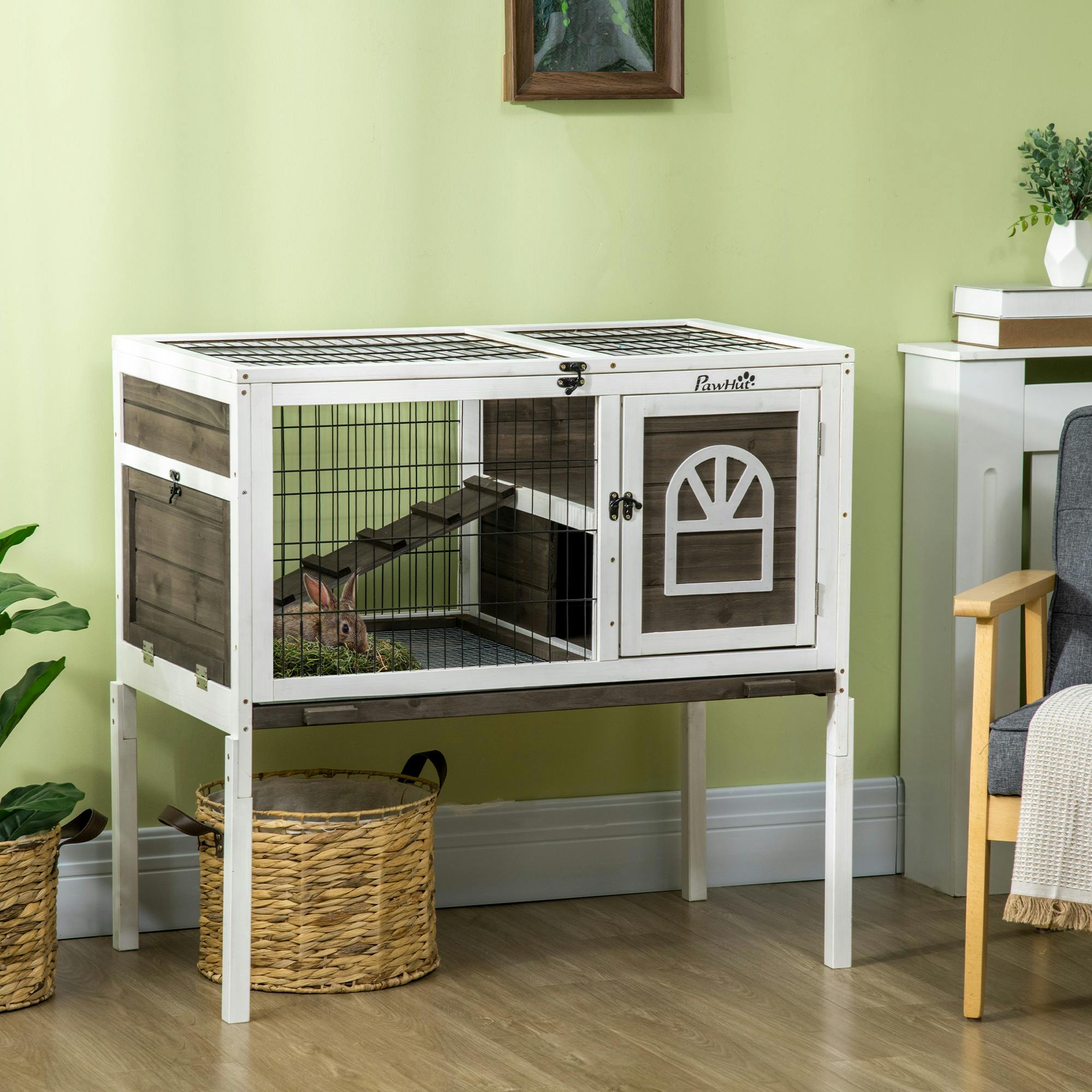 Pawhut Wooden Rabbit Hutch, Small Animal House W/ Removable Tray, Openable Roof