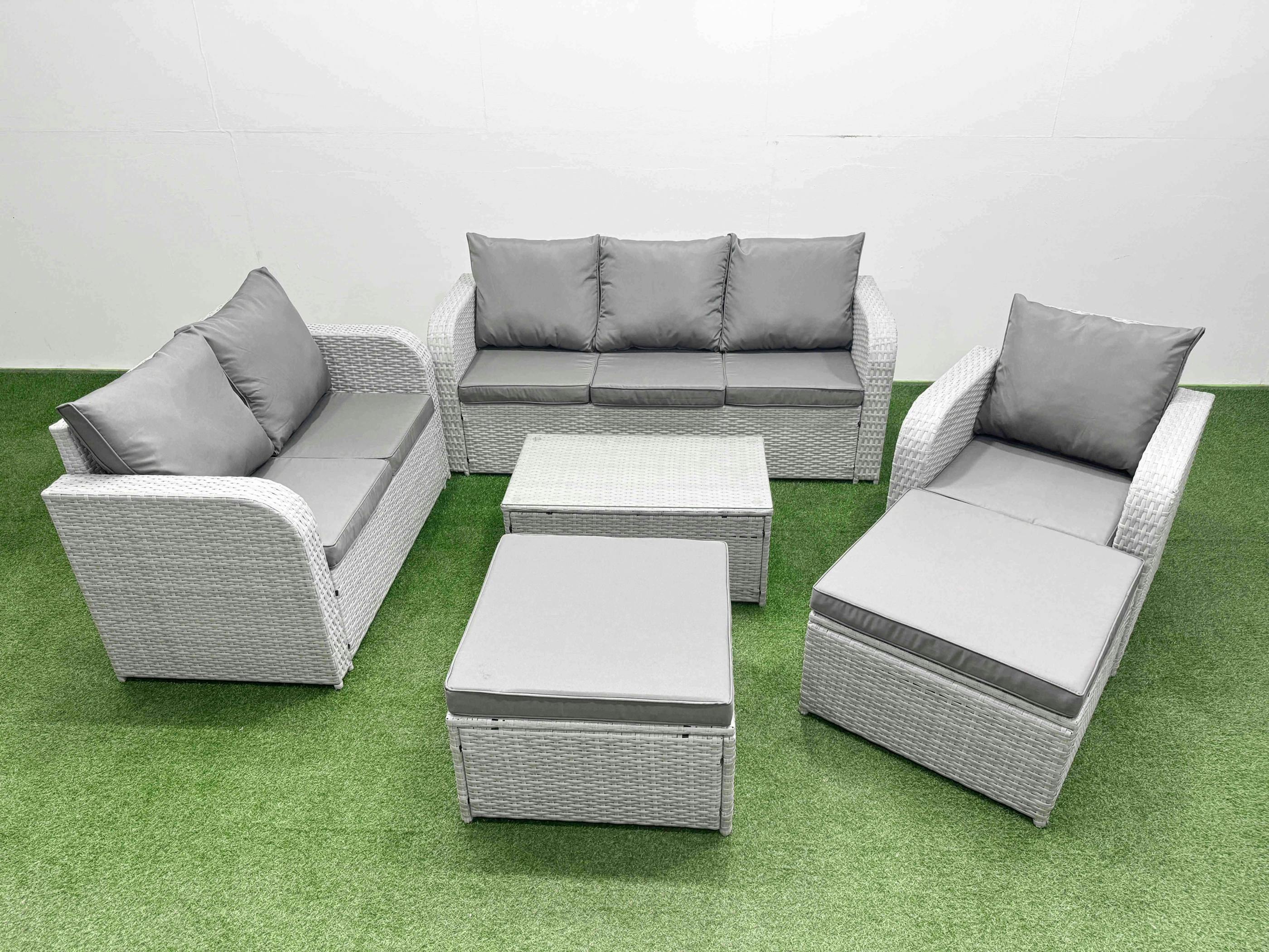 Fimous Light/Grey 8 Seater Wicker Patio Set, Pe Rattan, Coffee Table, Reclining Chair, Loveseat, 3 Seater Sofa And 2 Big Footstools,