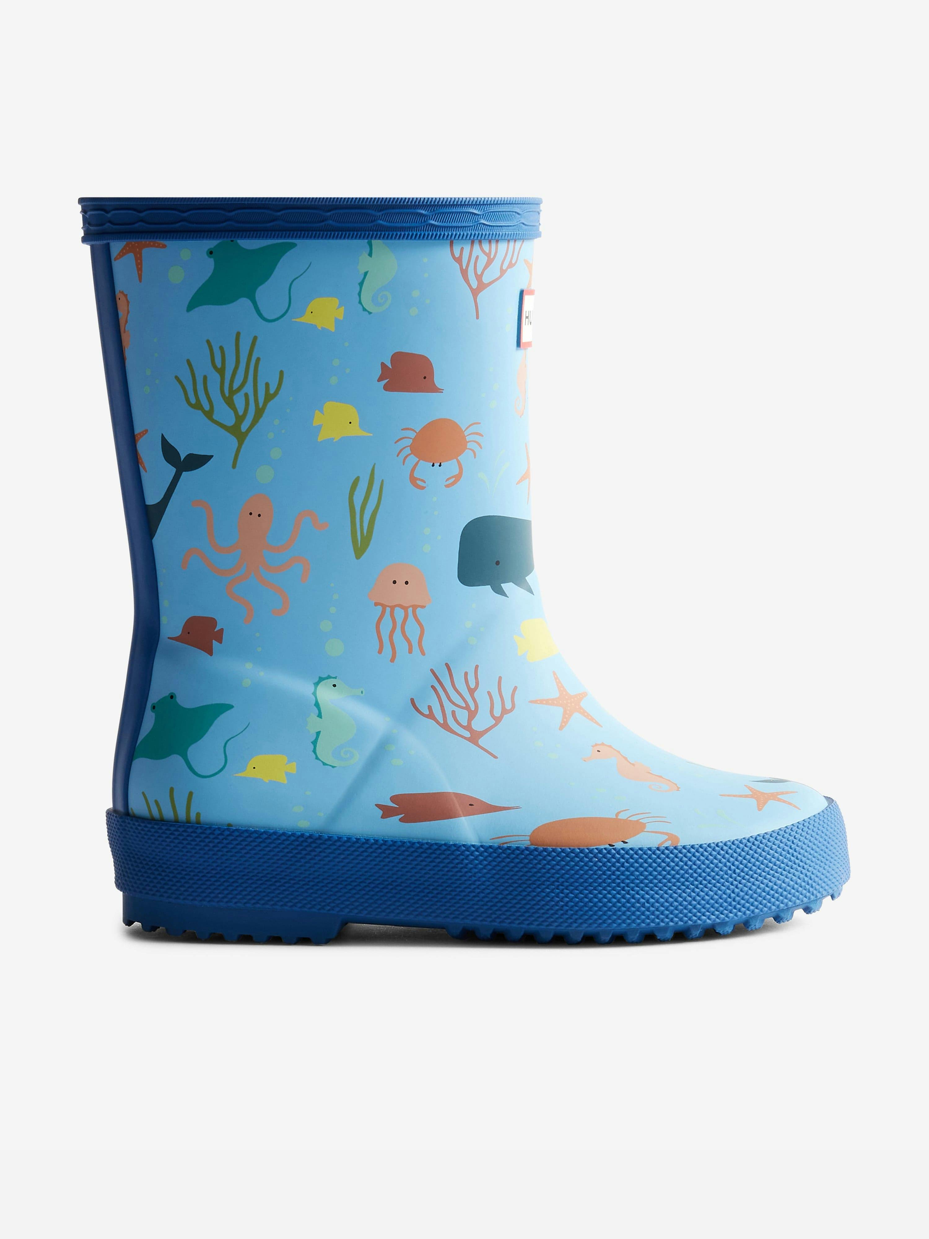Hunter Blue Kids First Classic Ocean Print Wellington Boots In - Eu 31 Uk 1